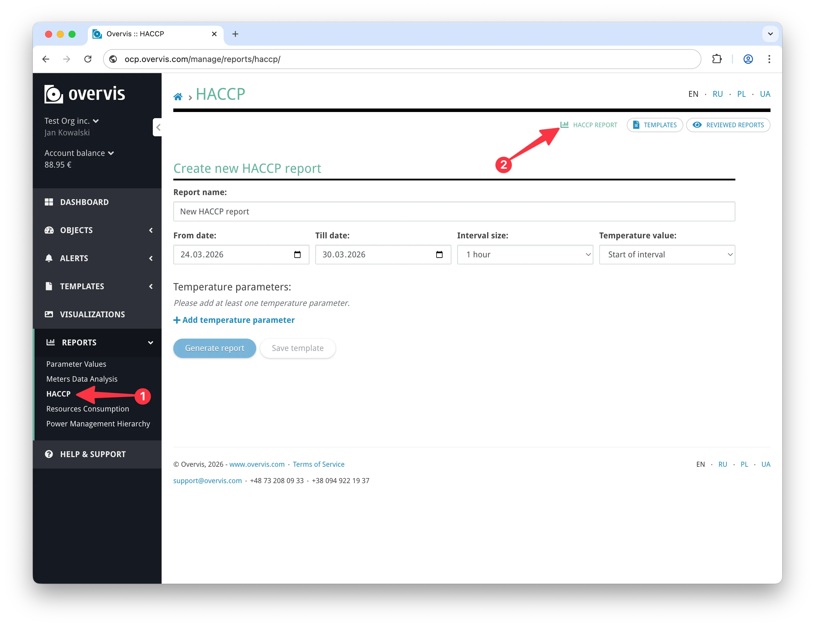 Full window screenshot with HACCP report in main navigation and navigation tabs showing HACCP Report, Templates, and Reviewed Reports