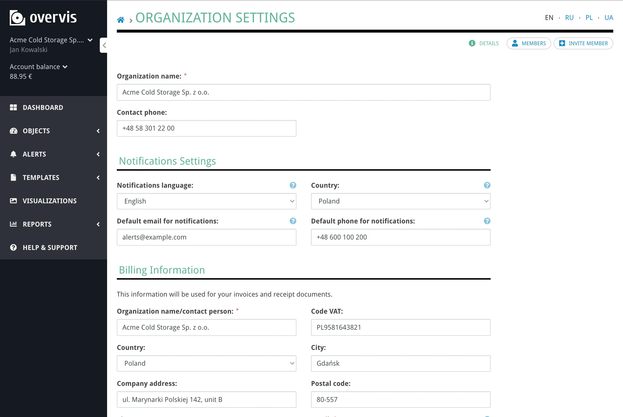 The organization settings page with fields for name, country, contact info, notification defaults, and billing details