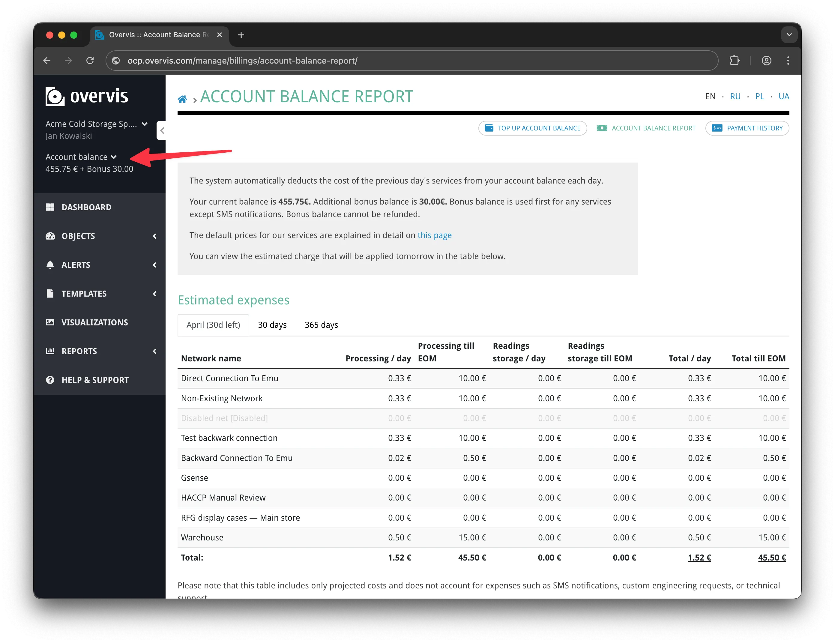 The sidebar balance display and dropdown menu showing account balance, bonus balance, and links to billing pages