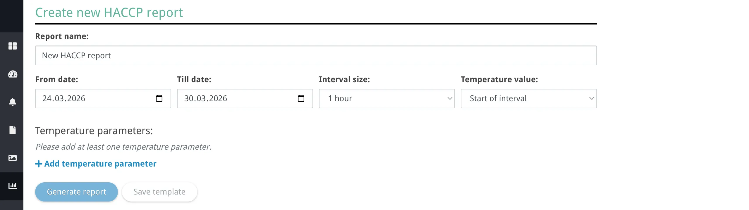 Report builder form with report settings, date range, interval size, and temperature value controls