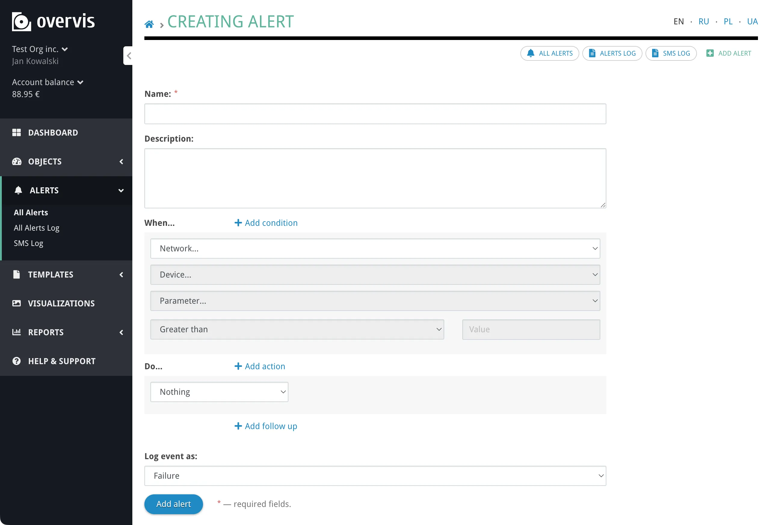 The alert creation form with name, conditions, actions, follow-ups, and log level sections