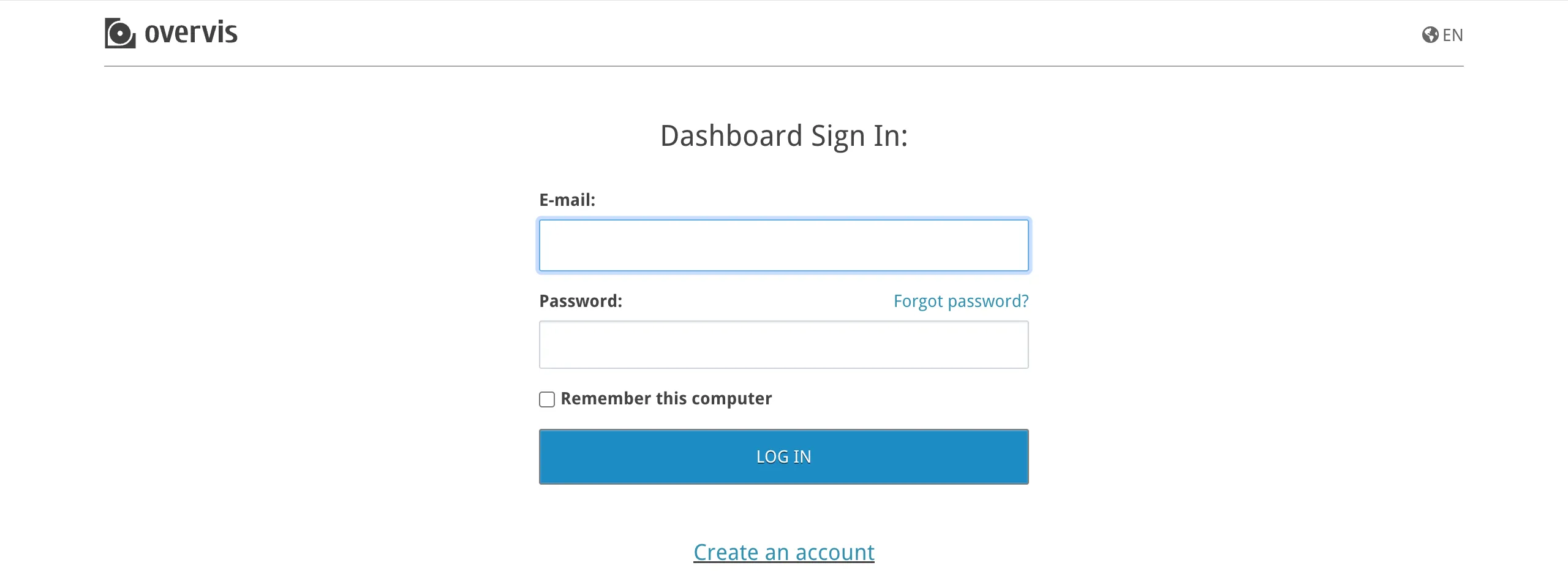 Overvis login page with email and password fields, "Forgot password?" link, and "Create account" link at the bottom