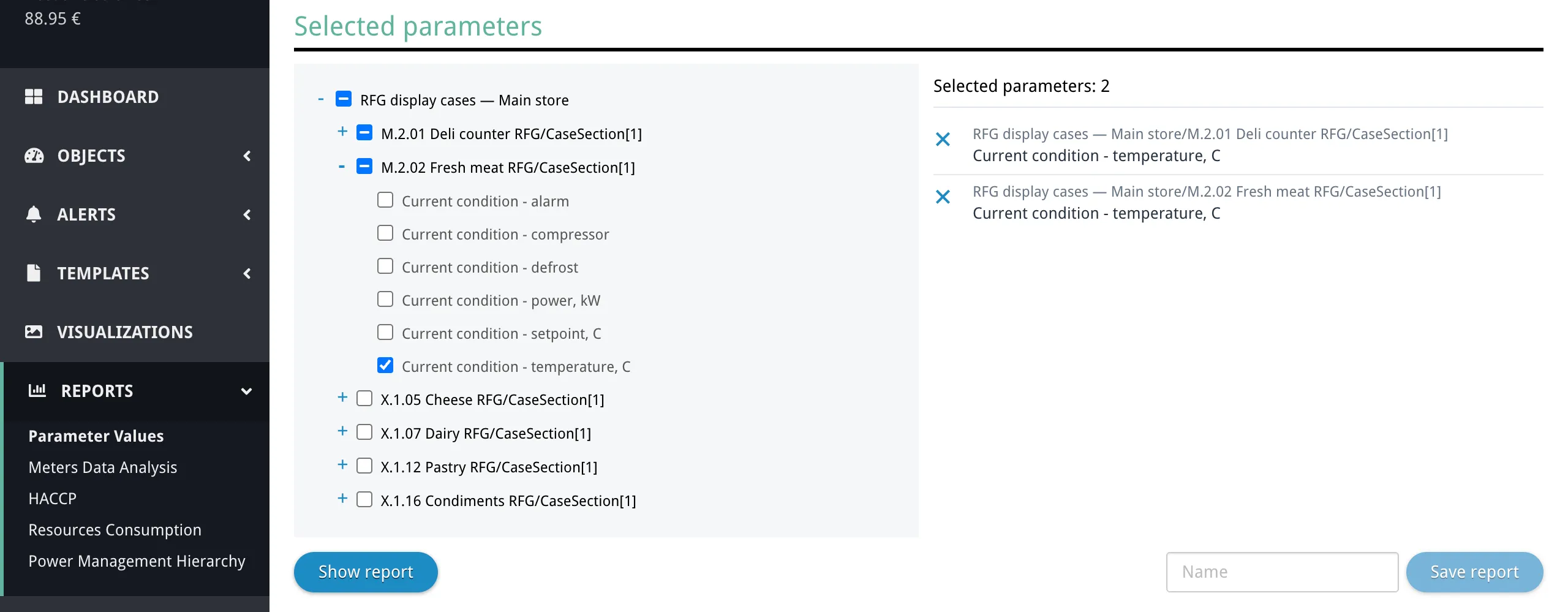 The parameter tree with network, device, and parameter checkboxes, a selected count badge, and the Show report button