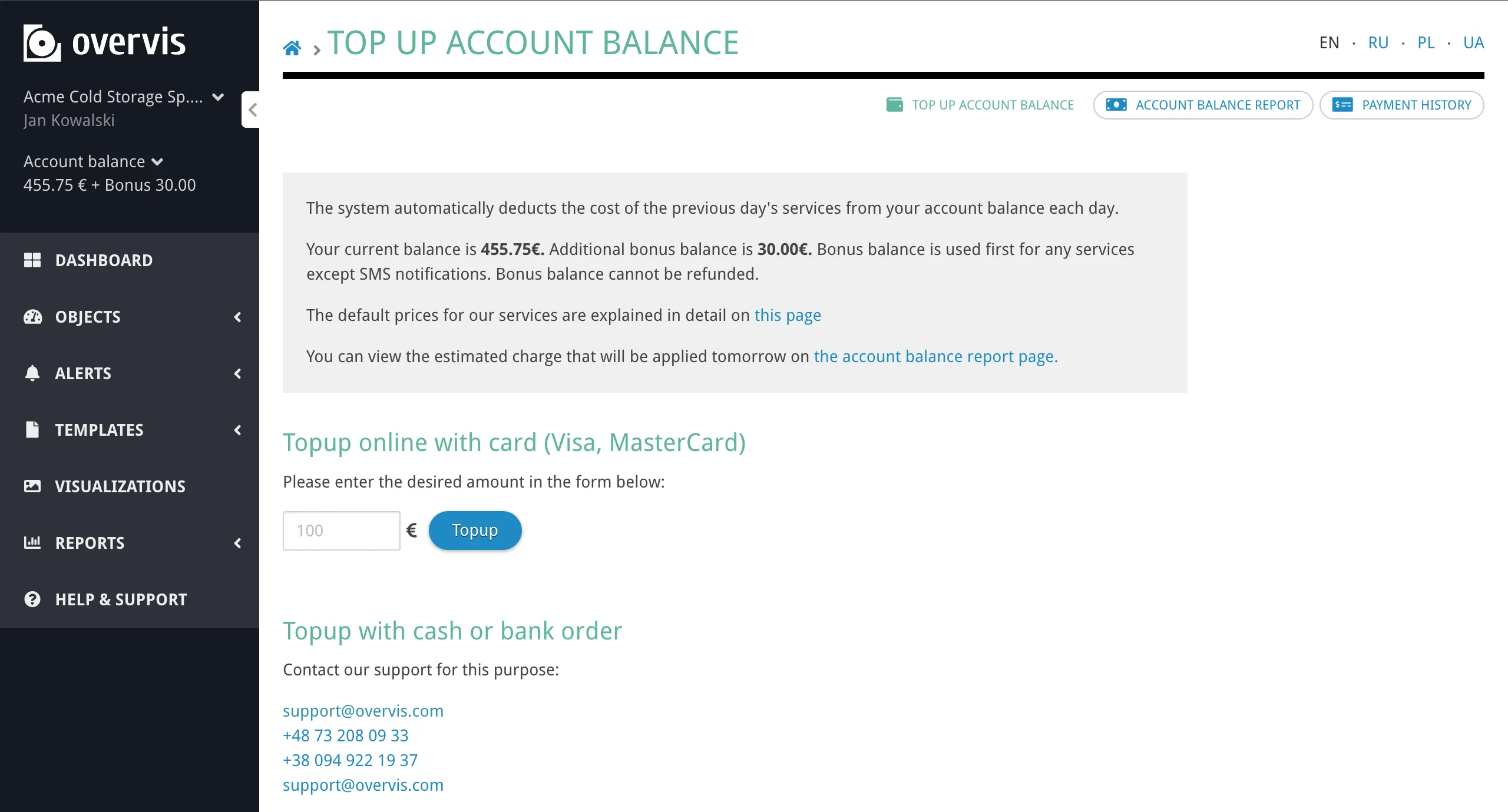 The Top Up Balance page showing current balance, card payment form, and support contact information