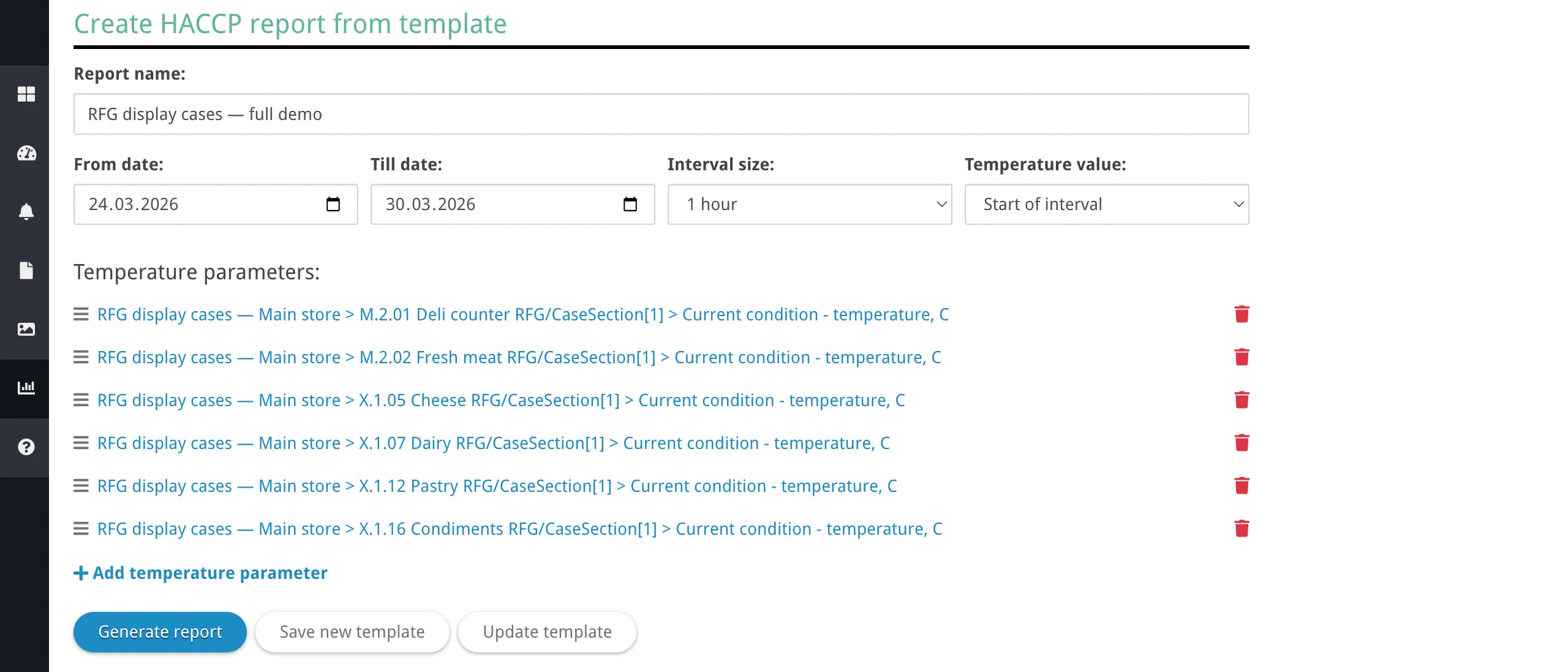 Builder with several temperature parameters configured, showing drag handles and trash icons