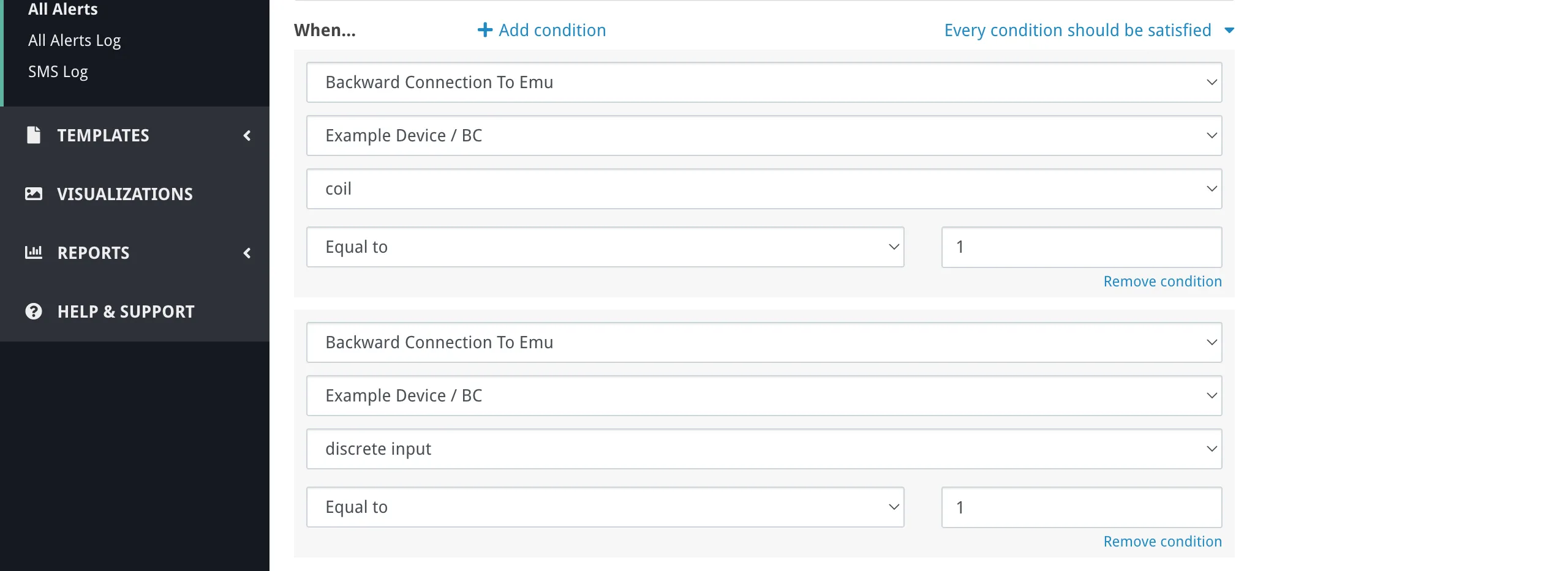 The conditions section of the alert form showing network, device, parameter selectors, comparison operator, and threshold value