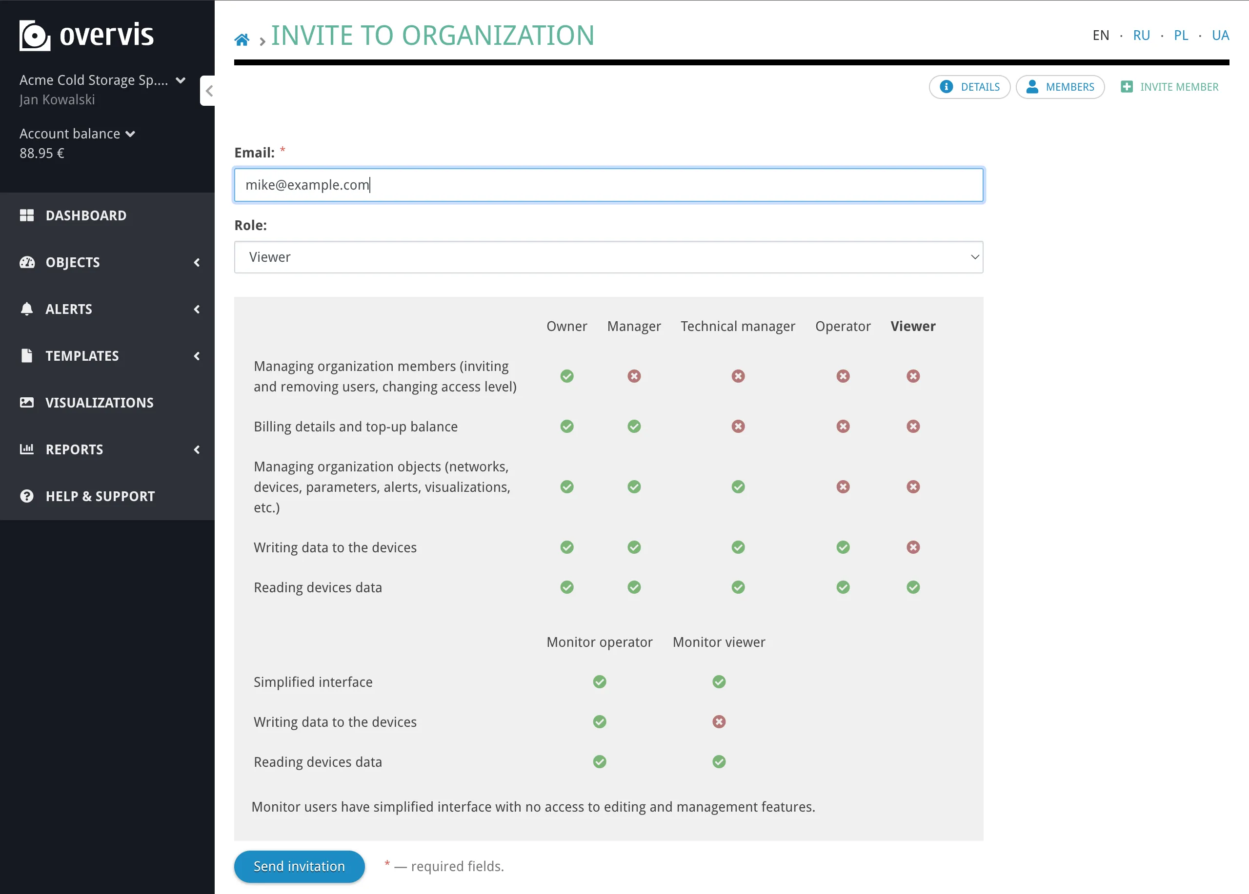 The invite member form with email, role, and binding options