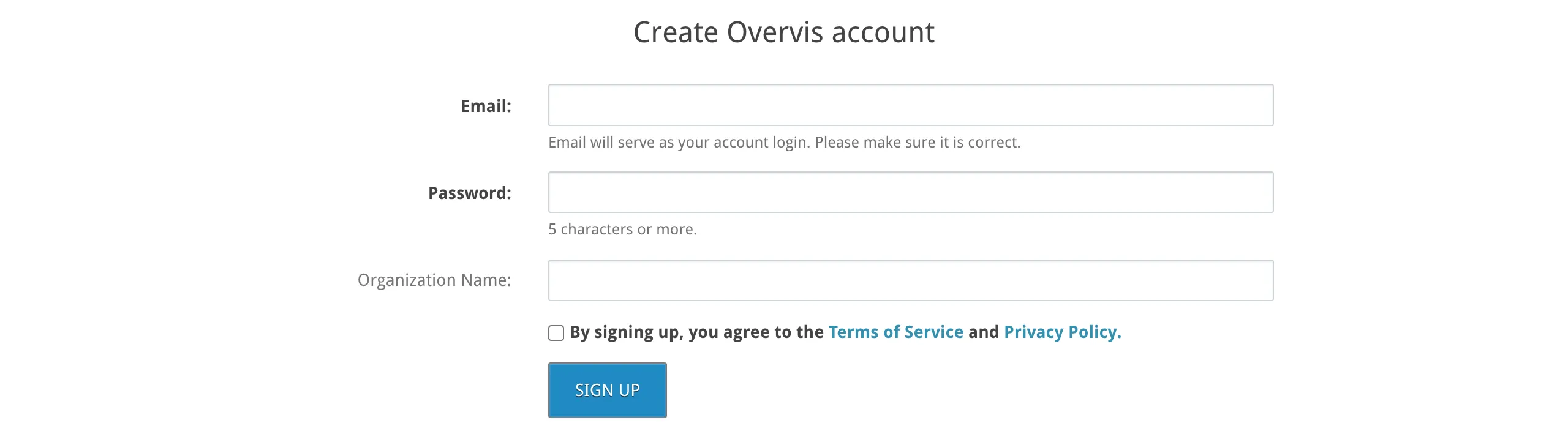 Registration form with email, password, organization name fields, terms checkbox, and Sign up button
