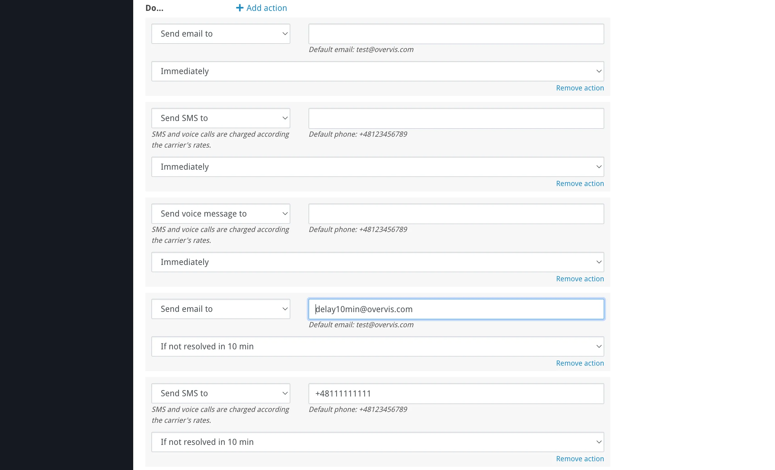 The actions section showing notification type, recipient, and delay options