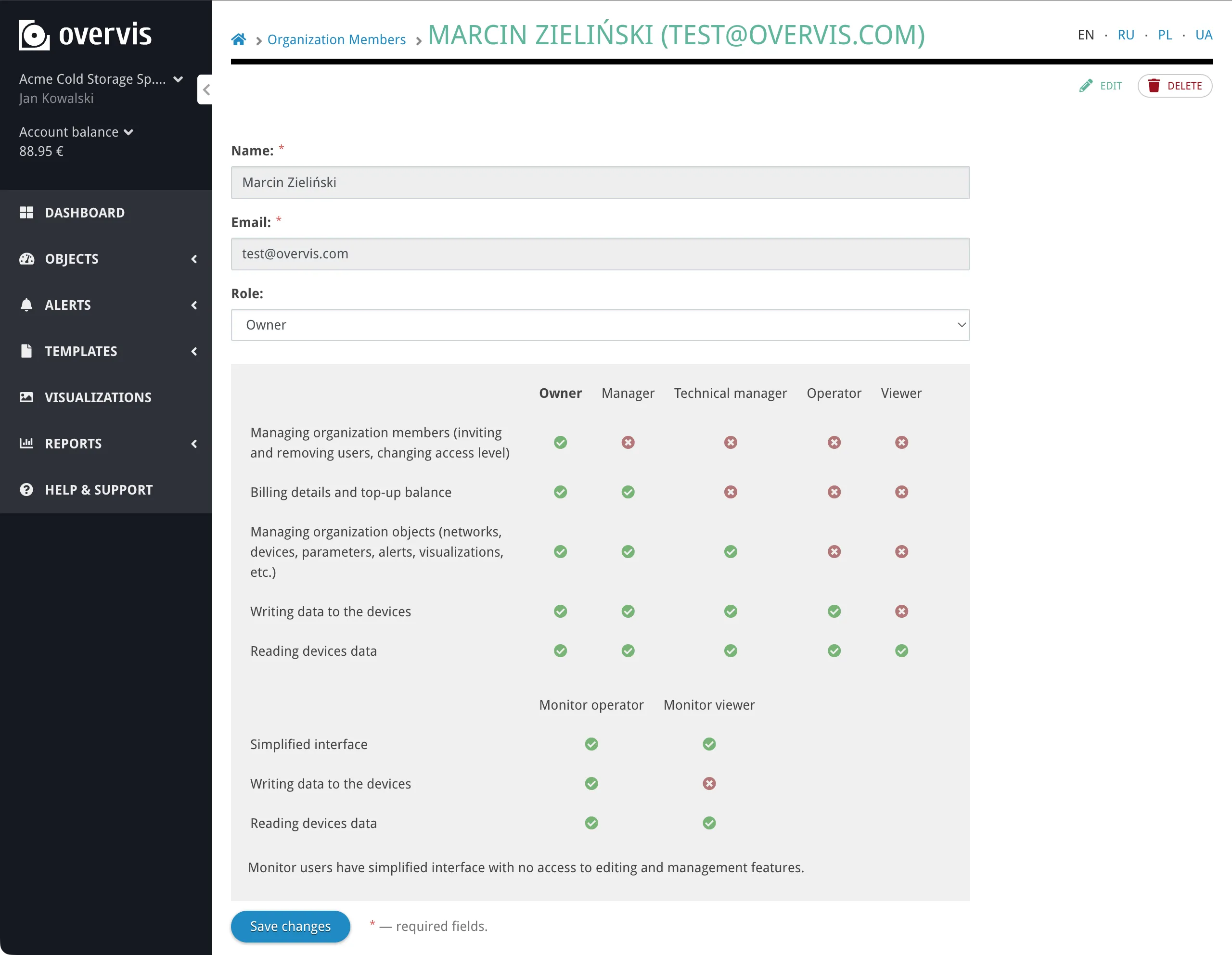 The member edit form with role selection and monitor binding options