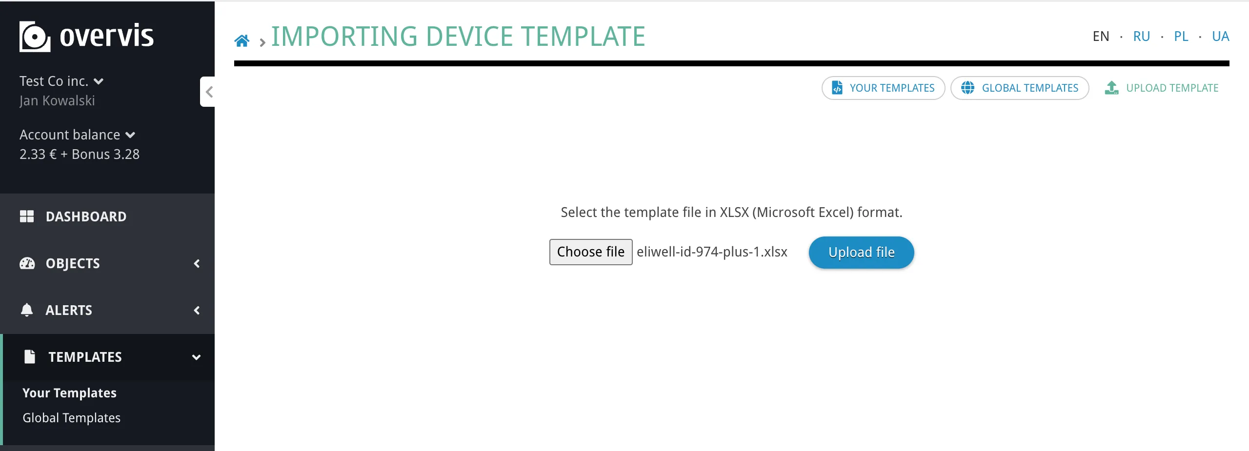 Import template page with file upload