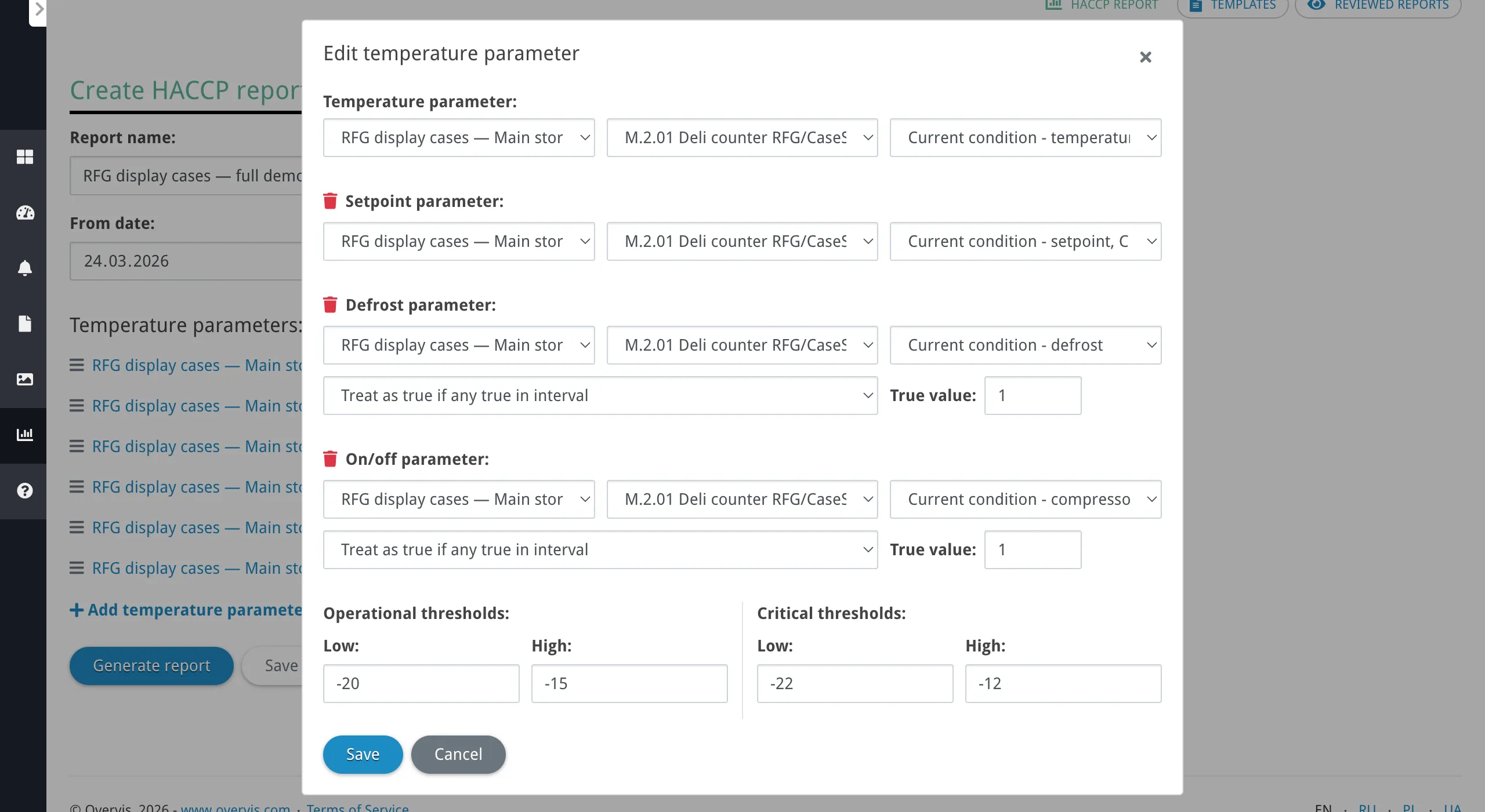 Parameter configuration dialog with temperature, setpoint, defrost, on/off sections and threshold fields