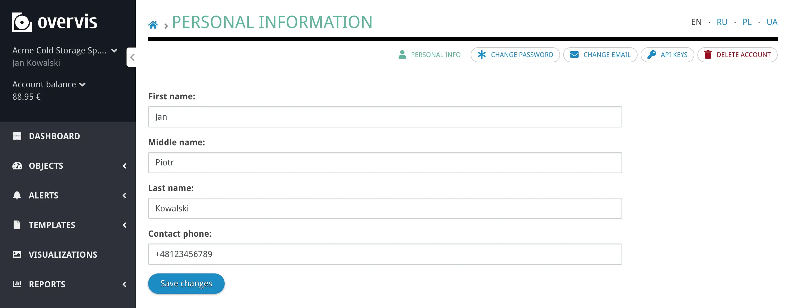 The personal information settings page with name, phone, and other fields