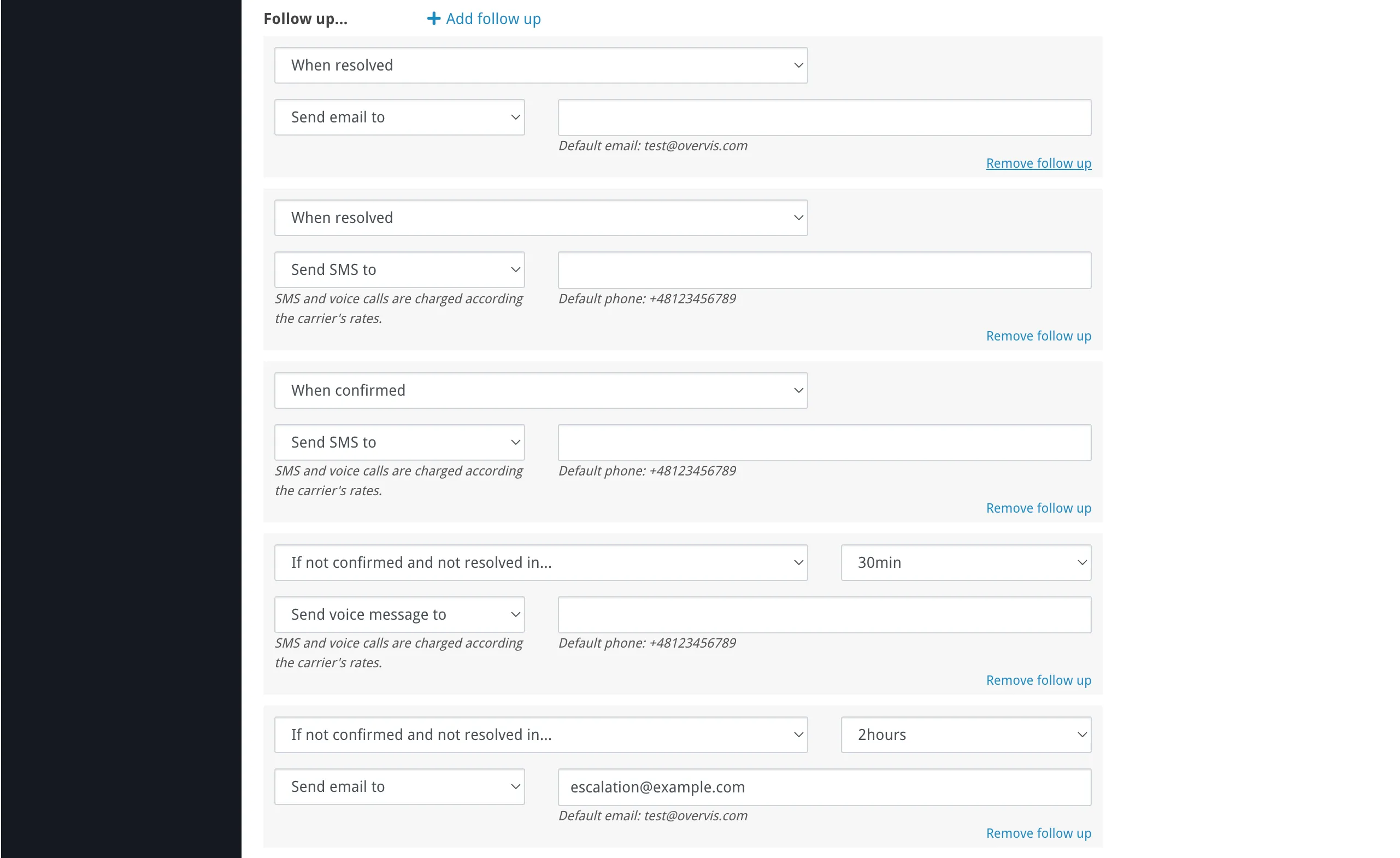 The follow-ups section showing stage selection, timeout, and notification channel