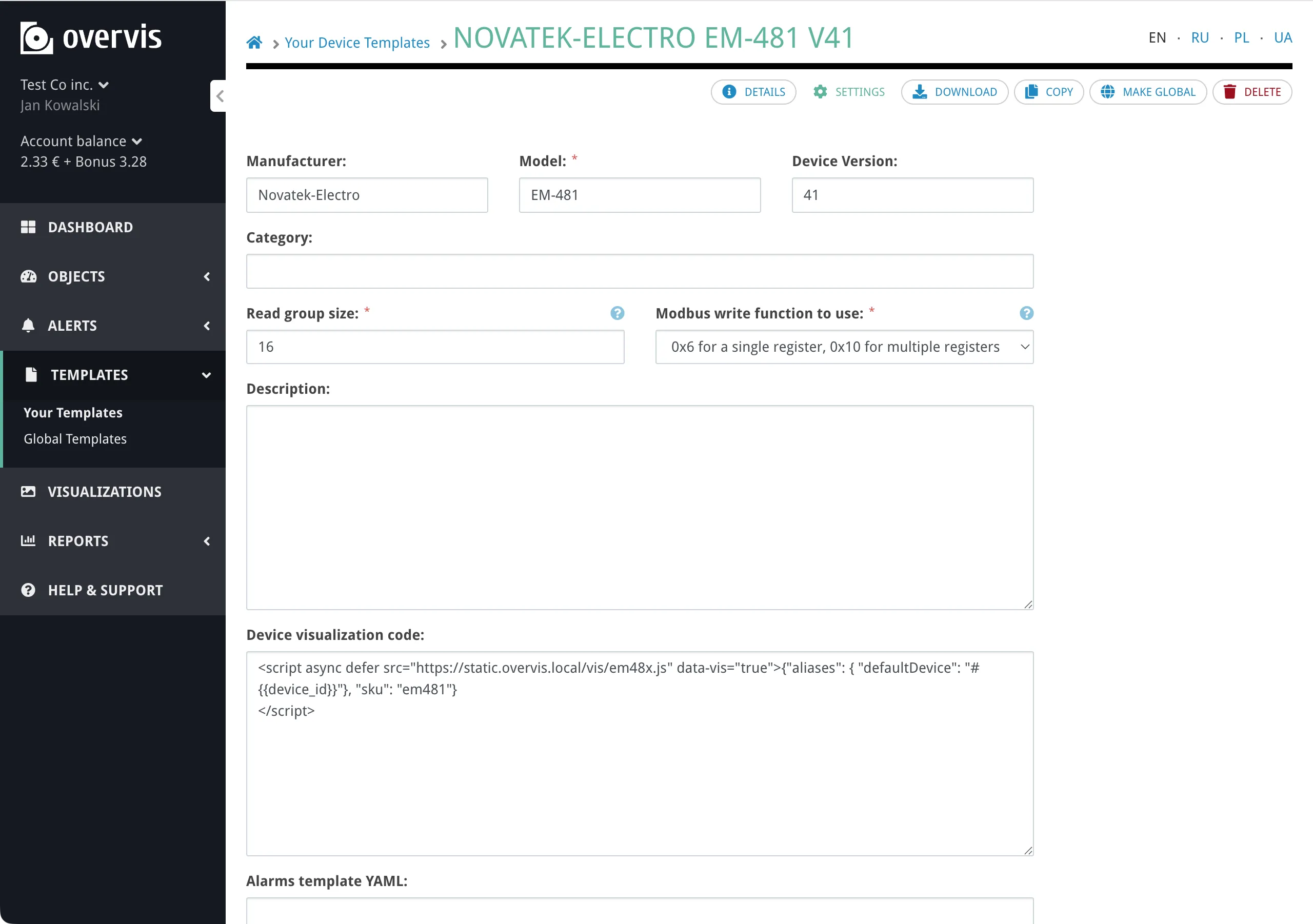 Template settings page showing editable metadata fields and alert YAML editor