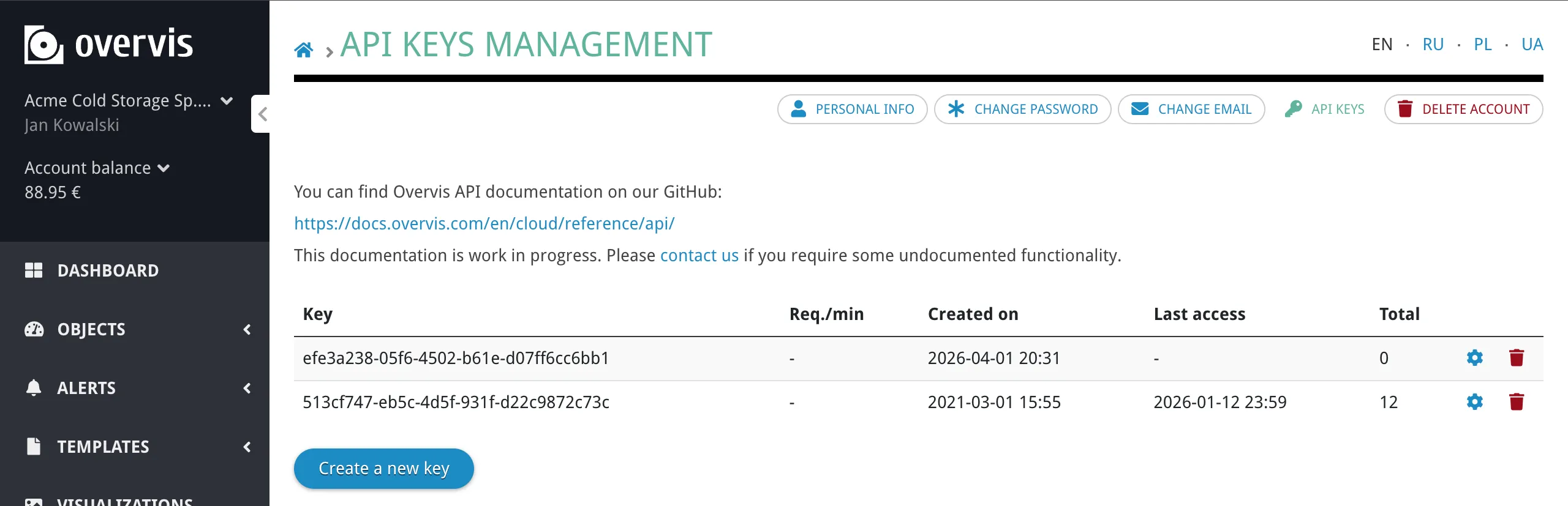 The API keys management page