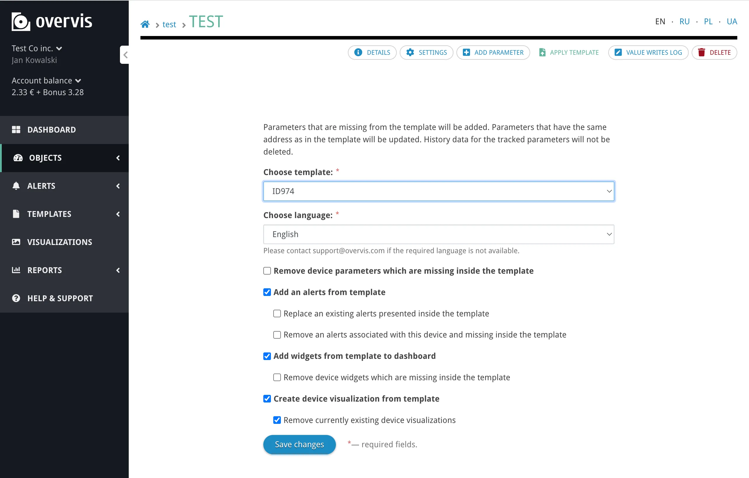 Apply template form showing template selection, language, and apply options
