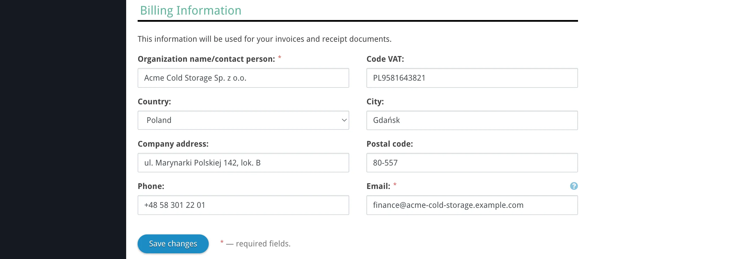 The Billing Information section in organization settings showing fields for name, VAT, address, and email
