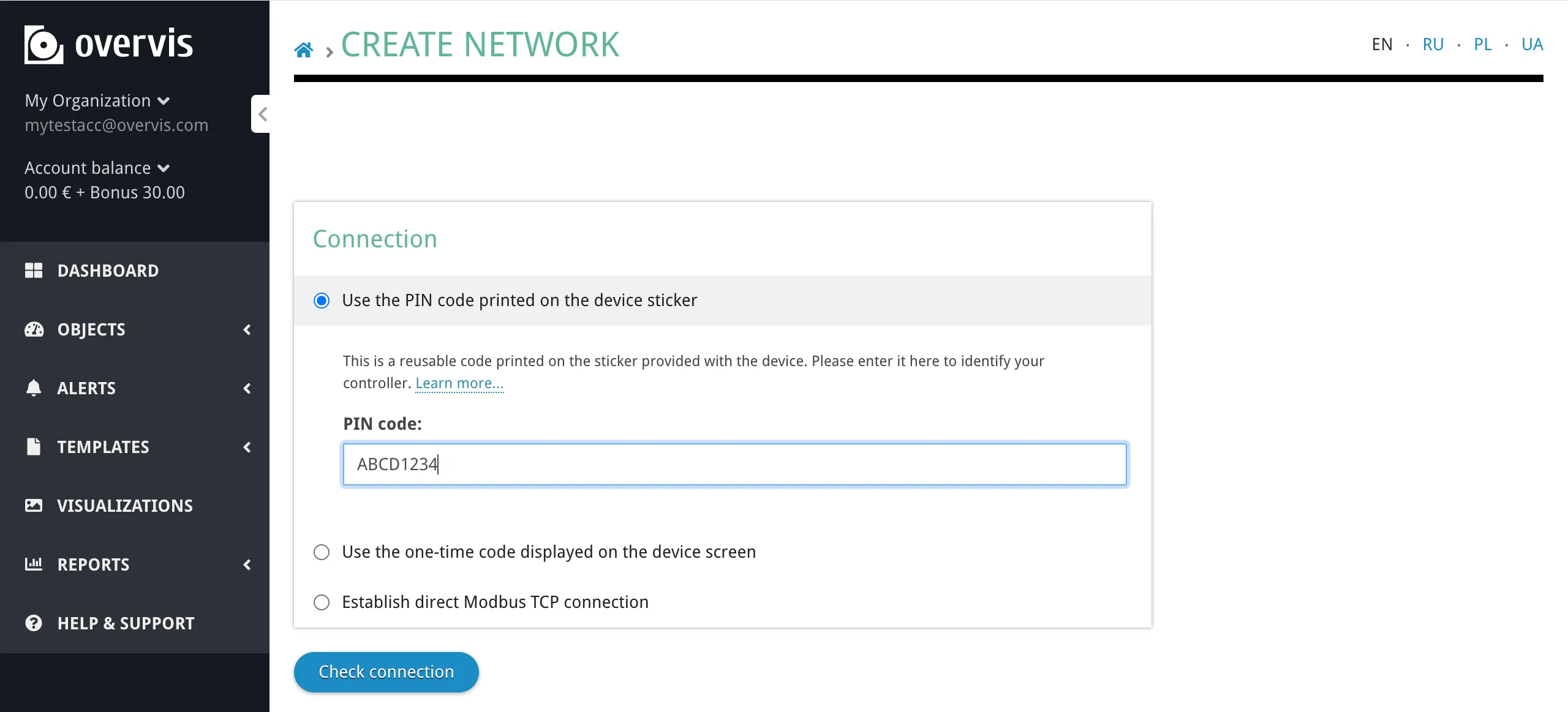 Create Network form with PIN code selected, PIN field filled in, and "Check connection" button