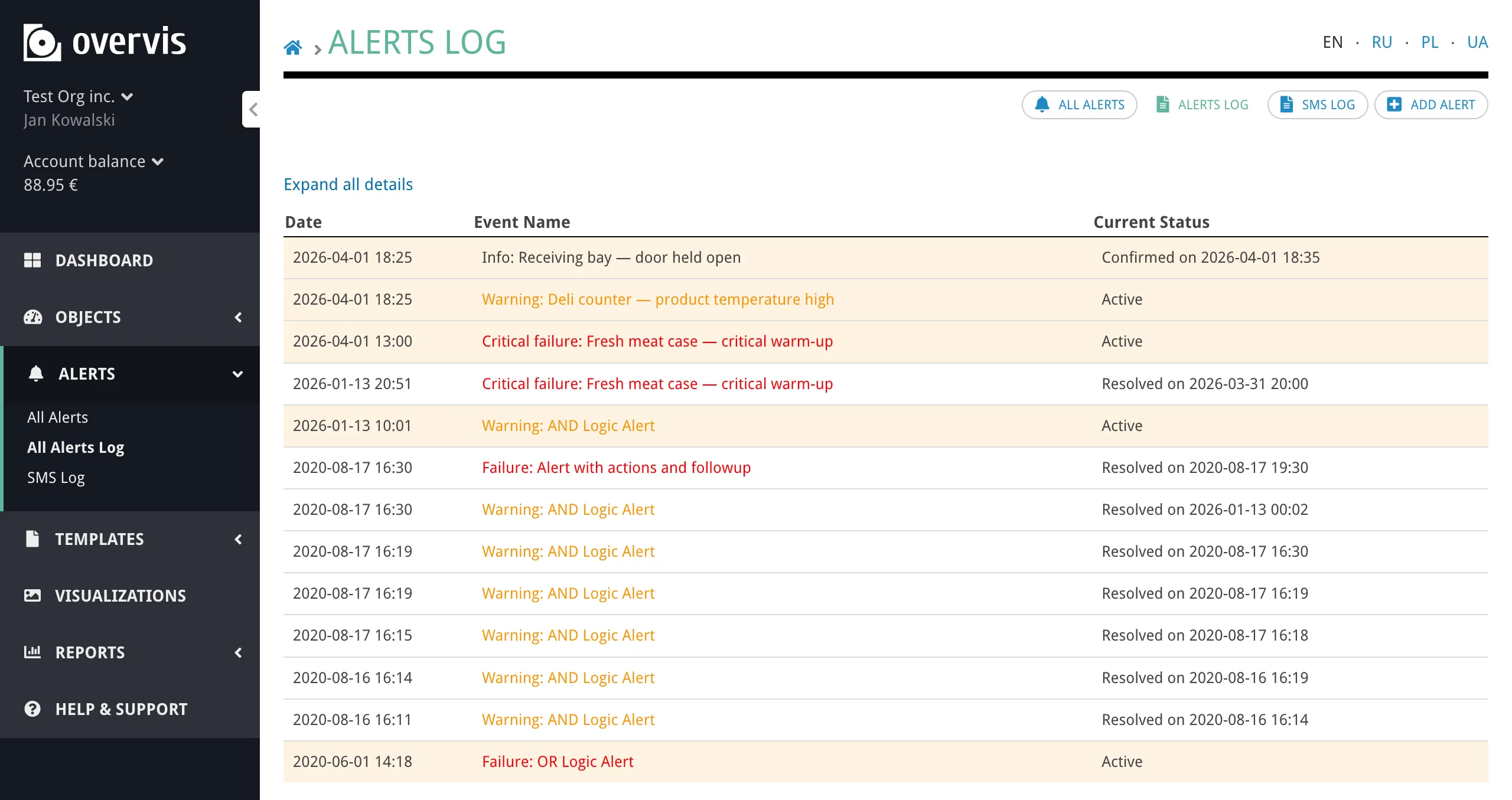 The alert log page showing a table of alert events with dates, names, and statuses