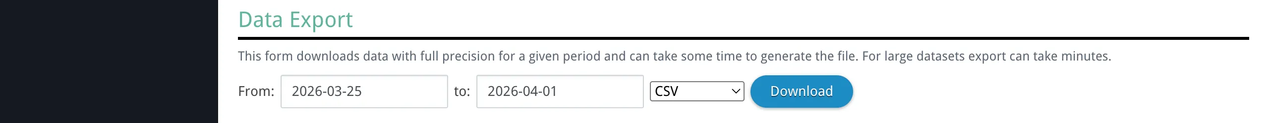 The export form with from/till date pickers, format selector, and Download button