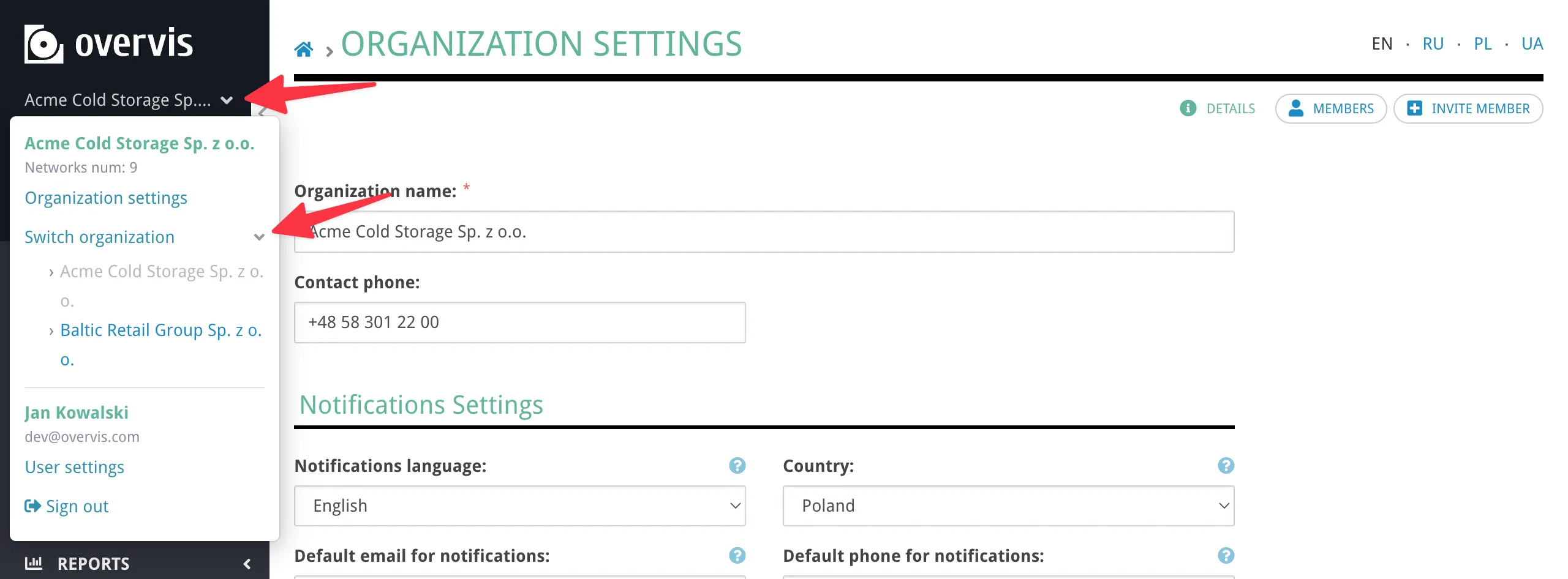 The organization switcher dropdown in the top navigation bar