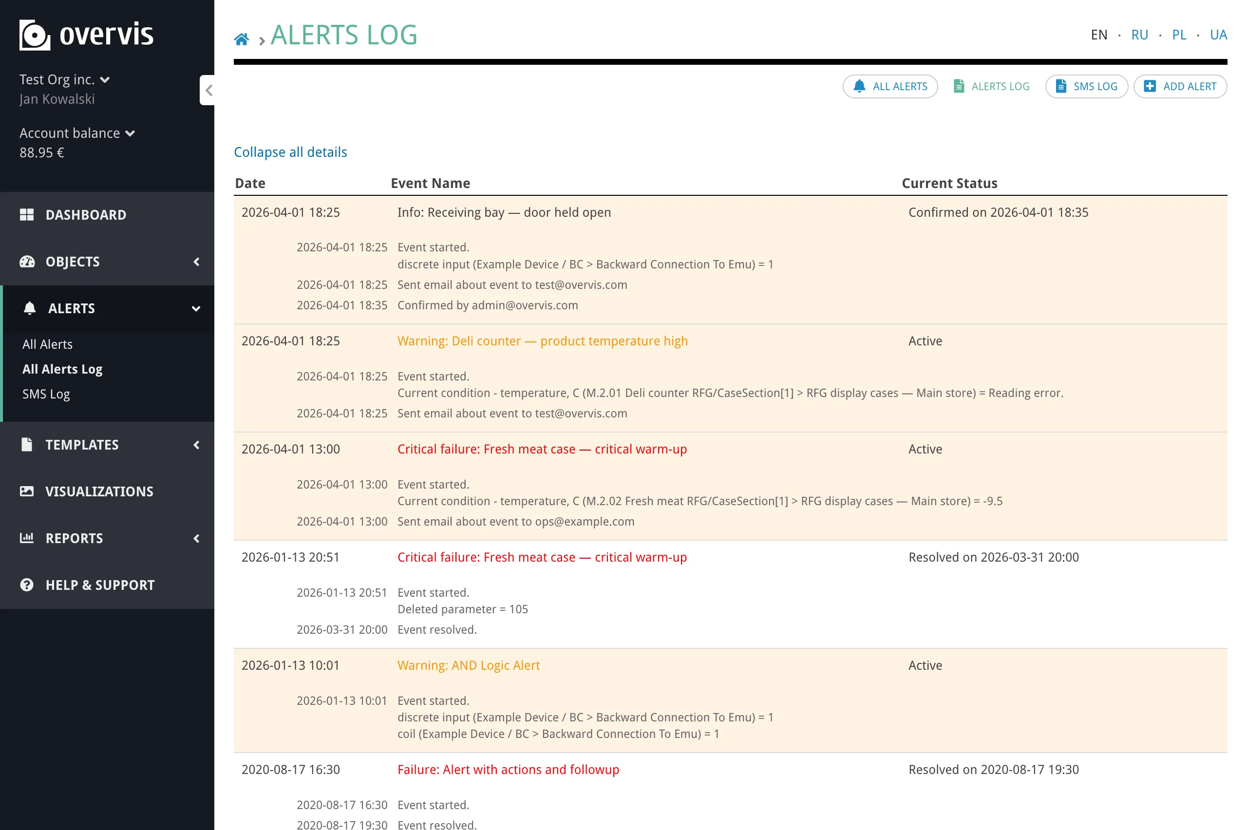 An expanded alert log entry showing a detailed timeline of the incident