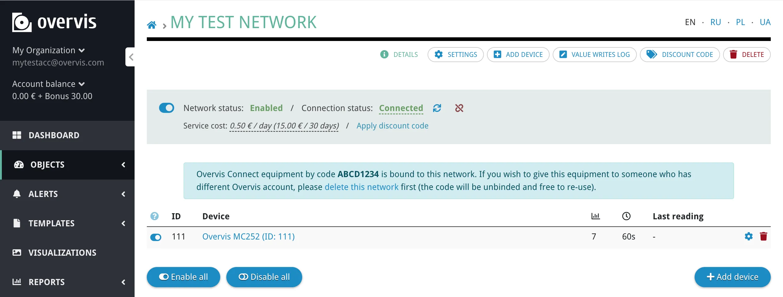 Network page showing the newly created network with the controller listed and its connection status