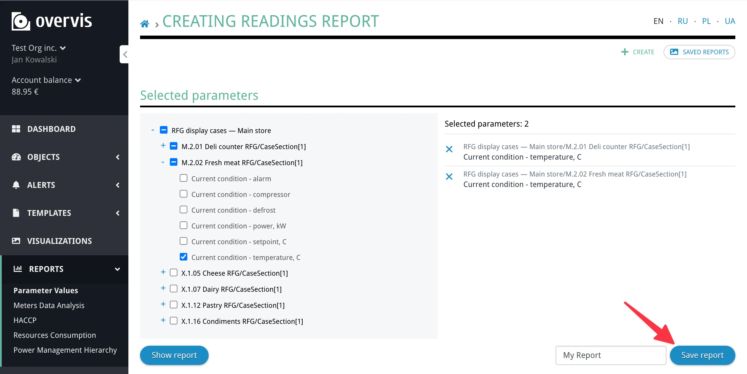The inline save form showing a report name field and Save report button next to the parameter tree
