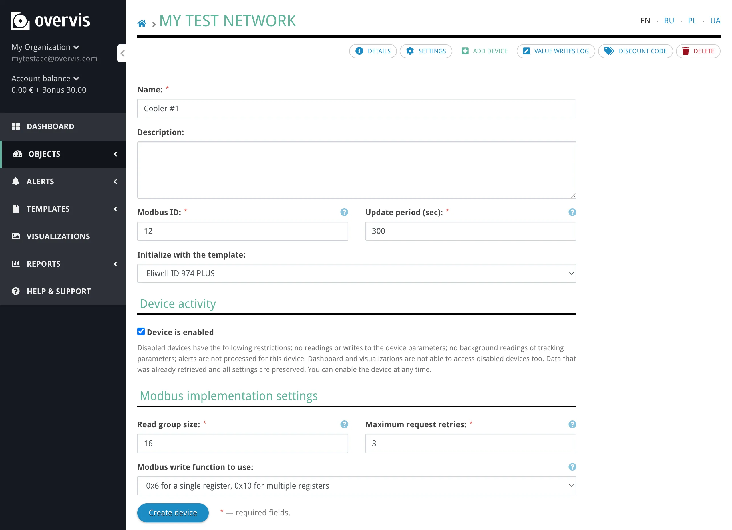 Add Device form in Overvis: Name field, Modbus ID field, template dropdown, and "Create device" button