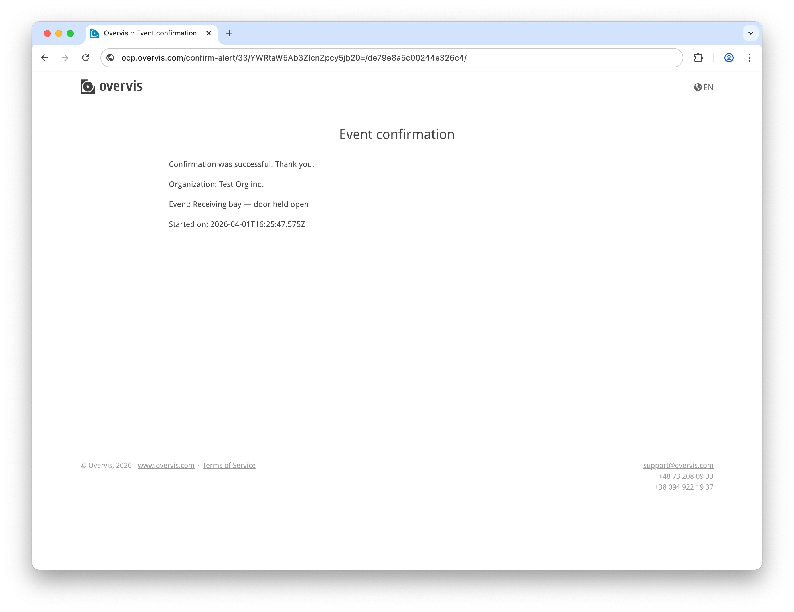The alert confirmation page showing event details and confirmation status