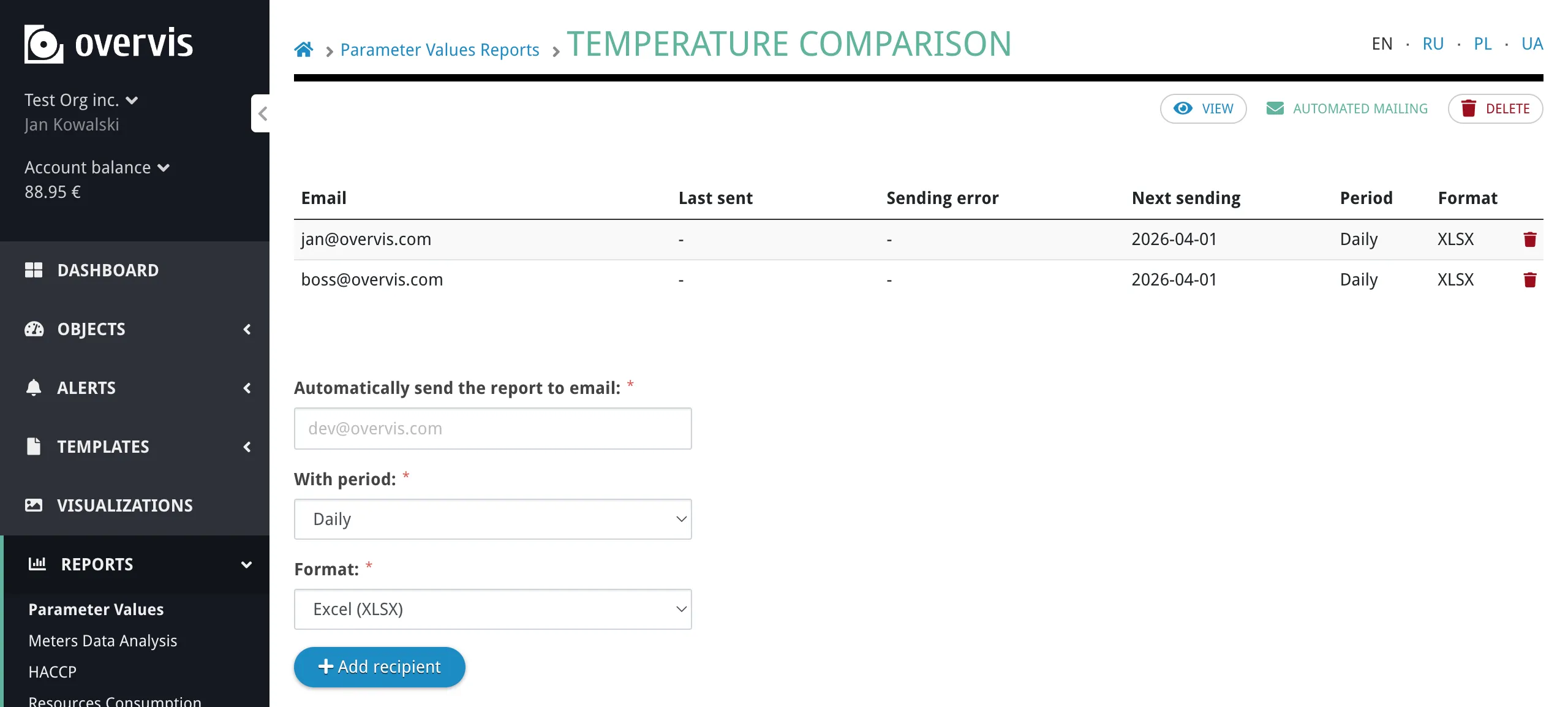 The mailing settings page showing the recipients table and the form to add a new recipient with email, period, and format fields