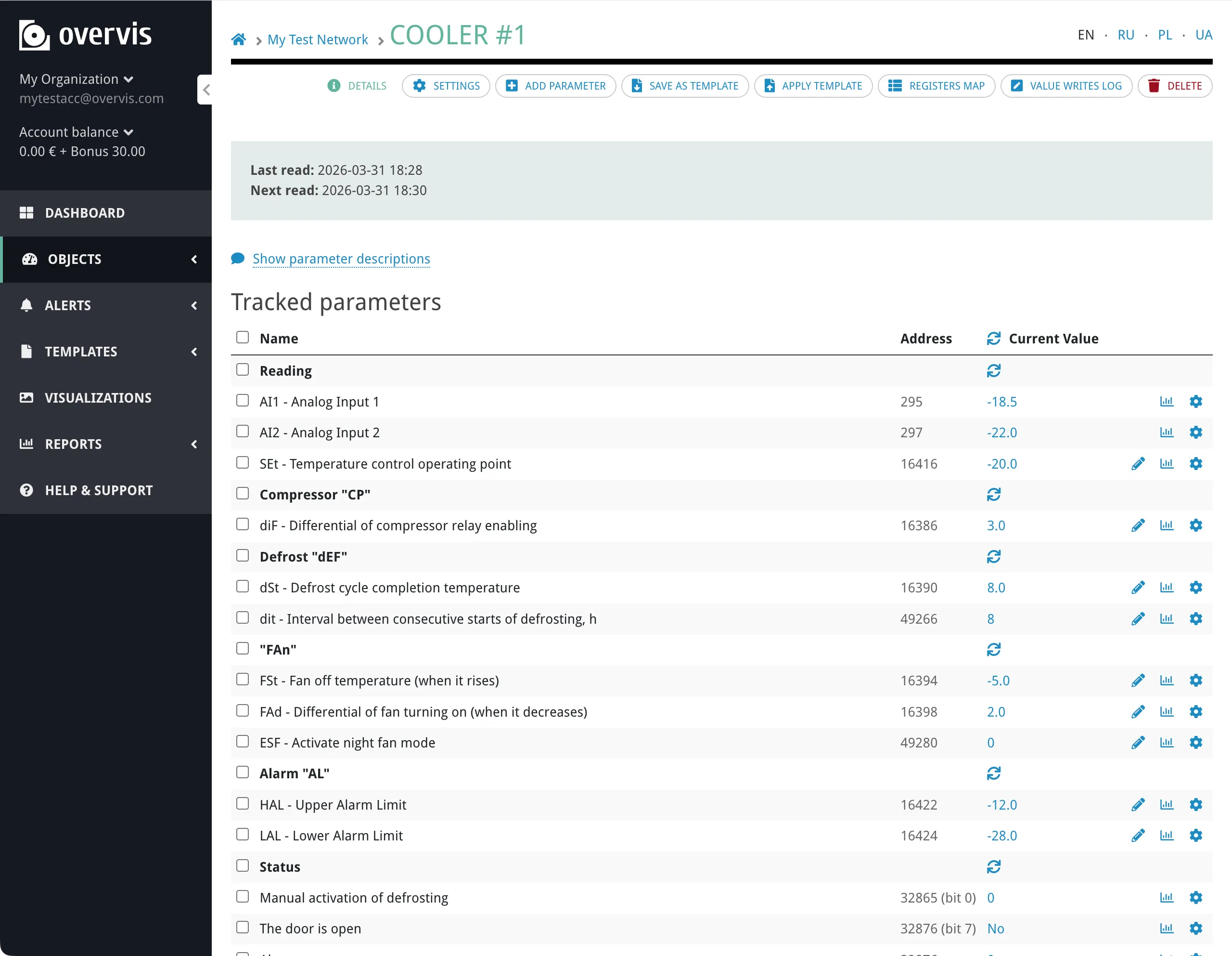 Device page in Overvis showing a list of parameters with their names, addresses, and current values