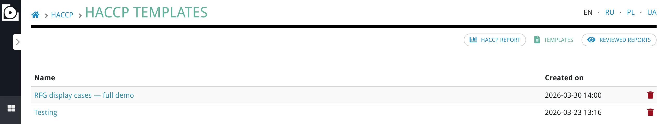 Template list showing saved report configurations with names and creation dates