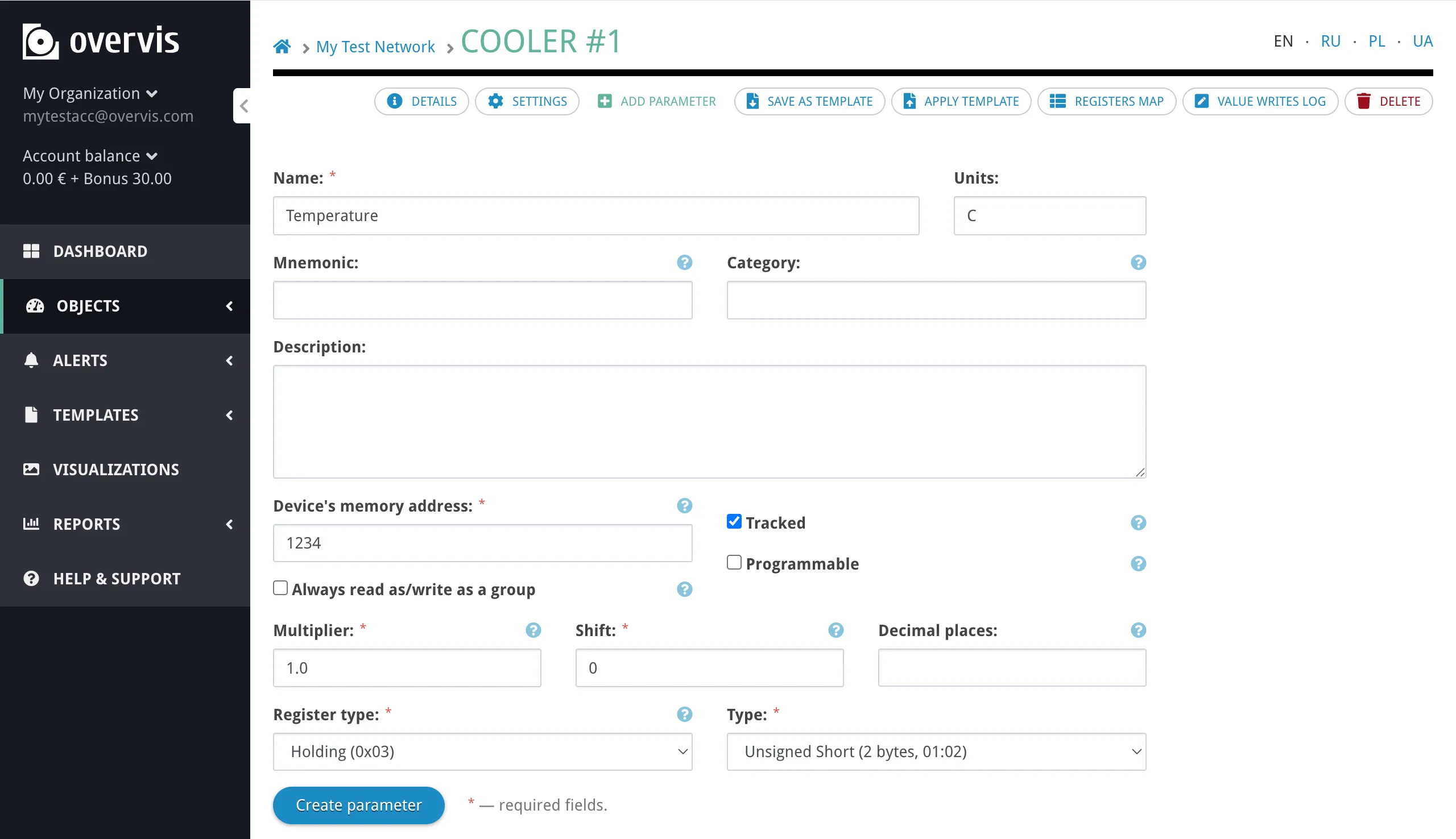 Add Parameter form with name, memory address, register type, data type, and units fields