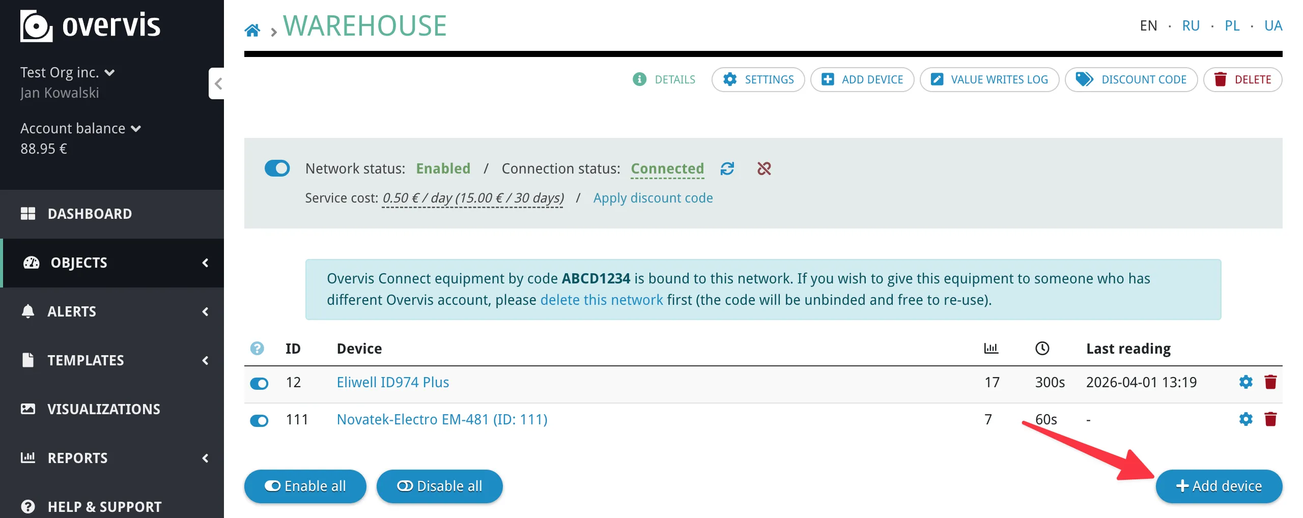 Add device button on the network page