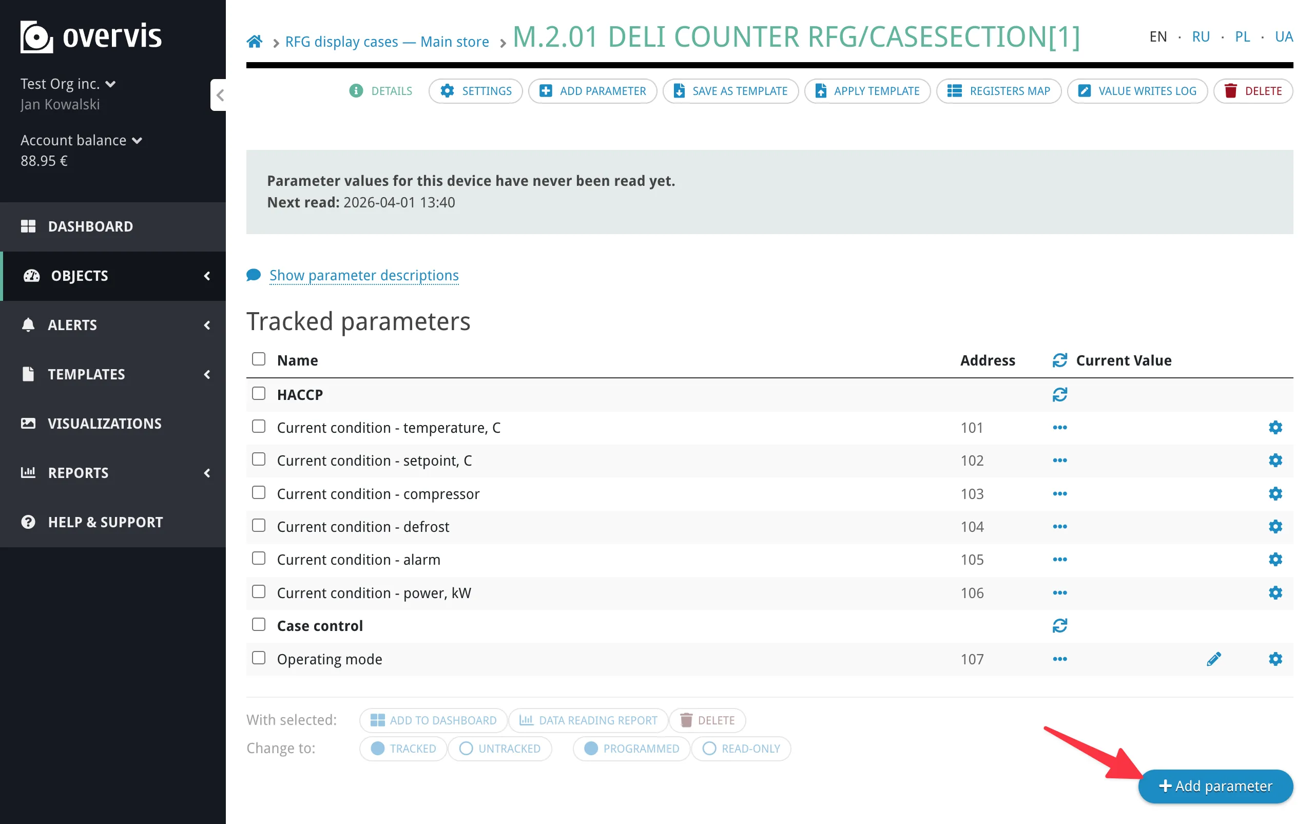 Add parameter button on the device page