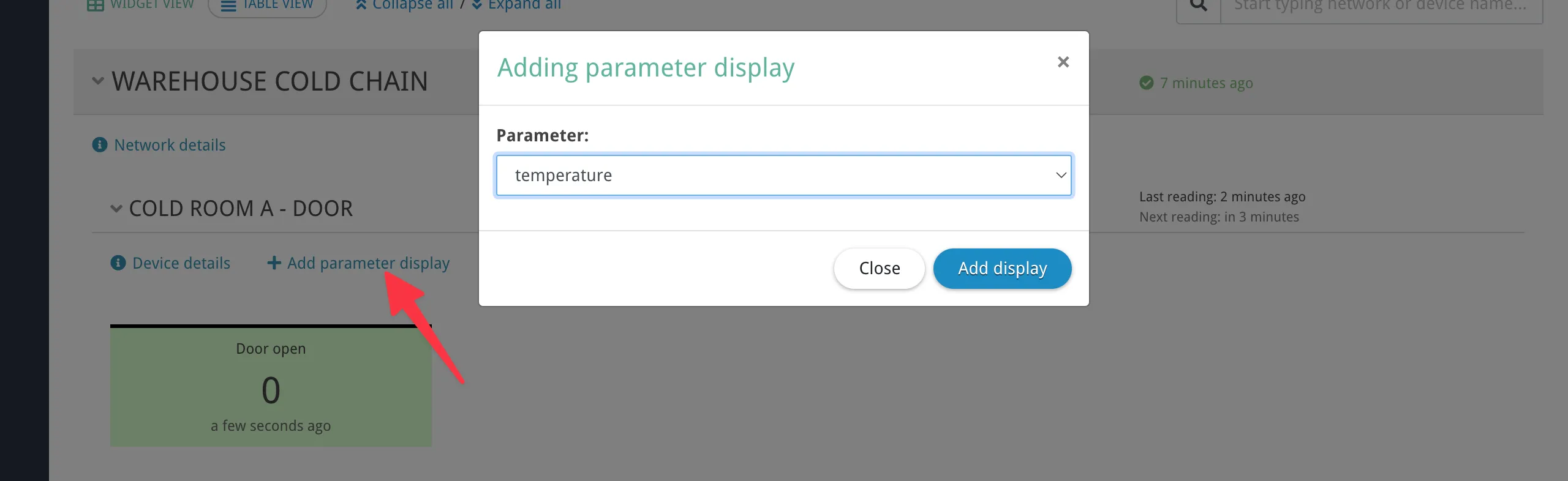The "Add parameter display" modal showing available tracked parameters by category