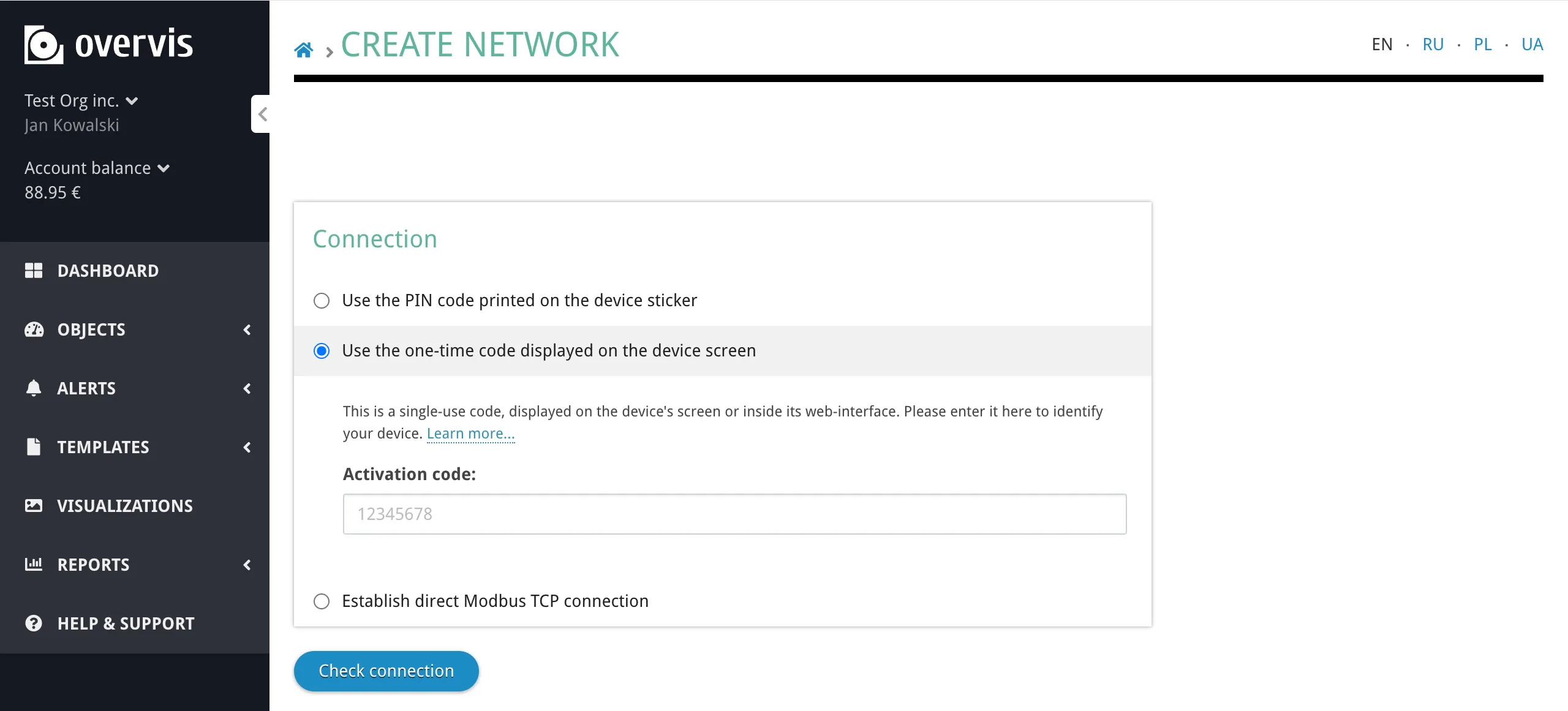 Create Network page — activation code connection method