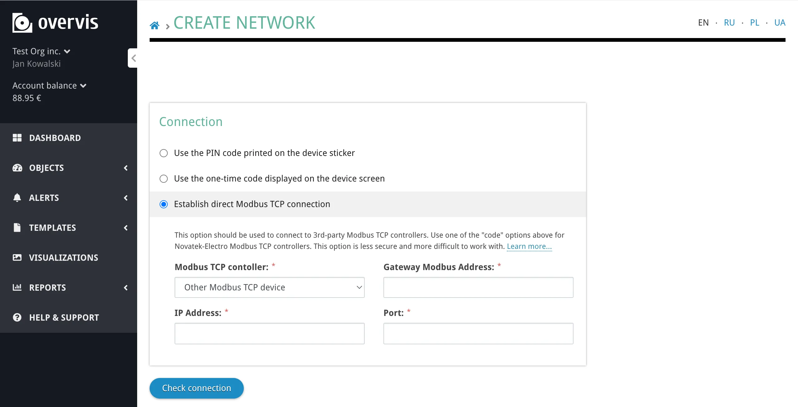 Create Network page — direct Modbus TCP connection method