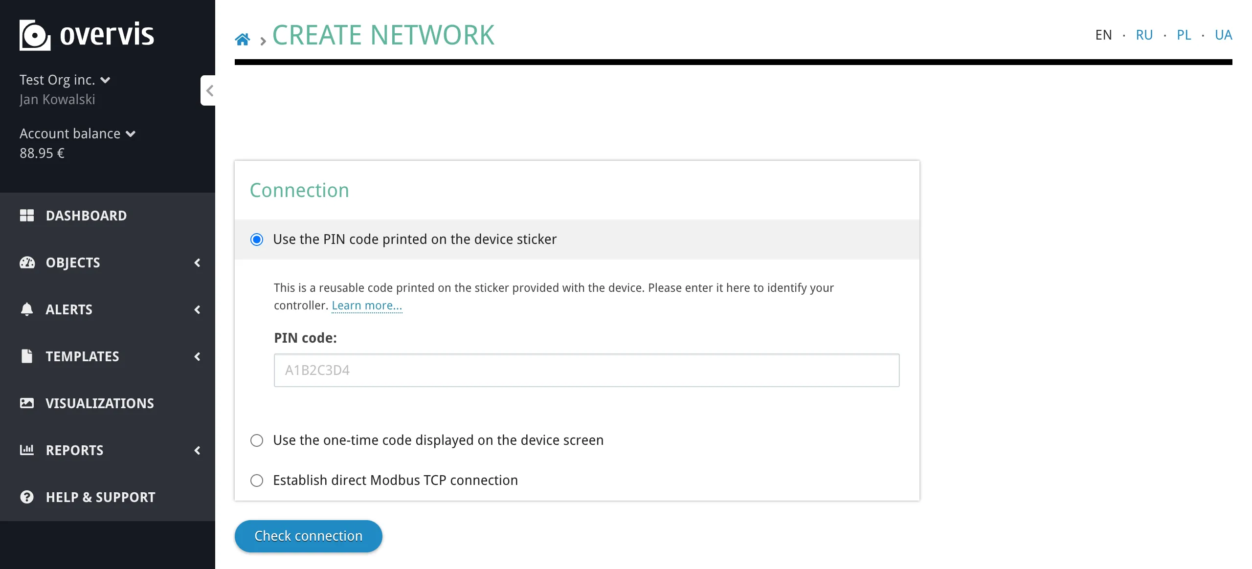 Create Network page — PIN code connection method