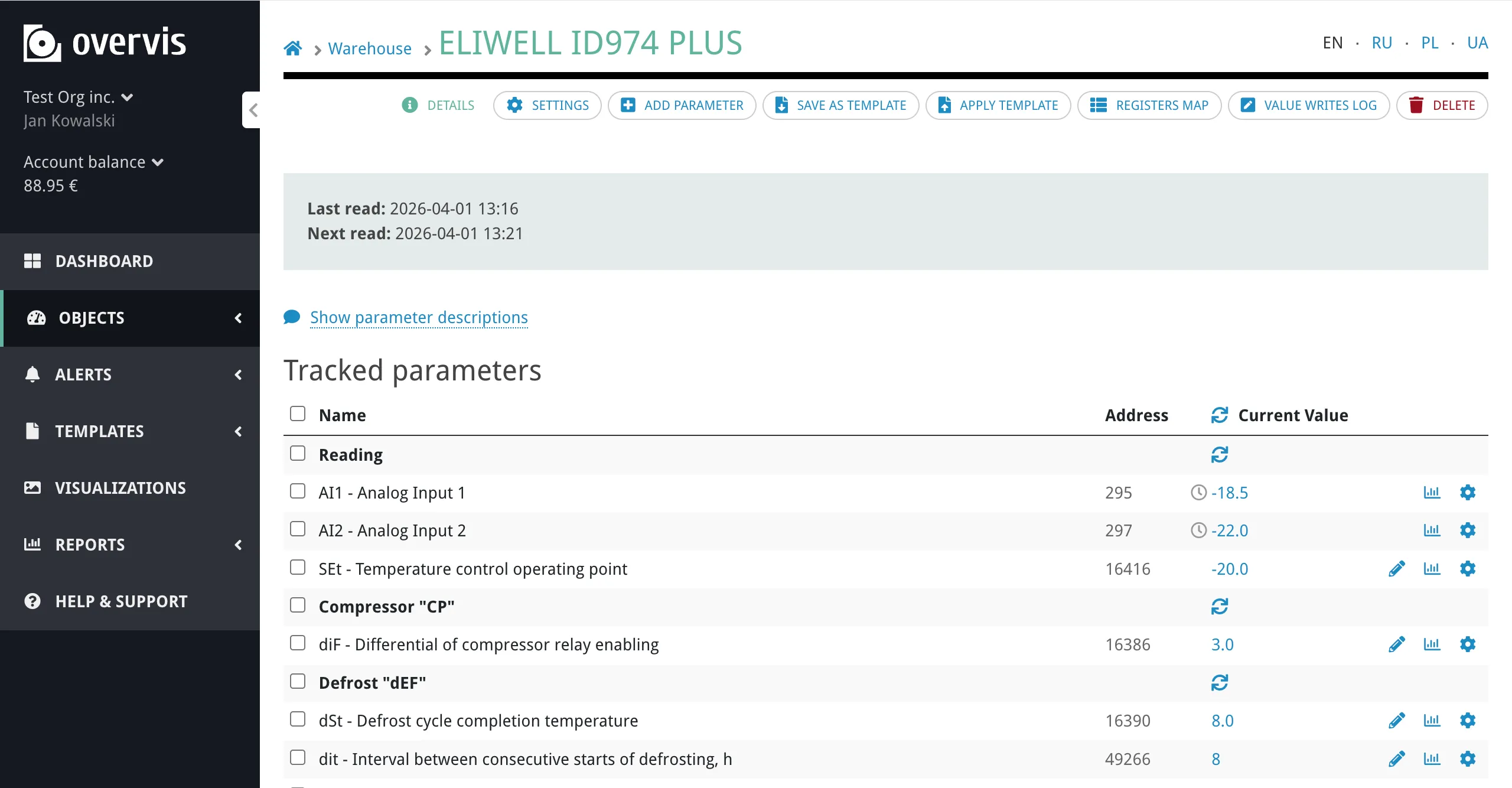 Reading parameter values on the device page