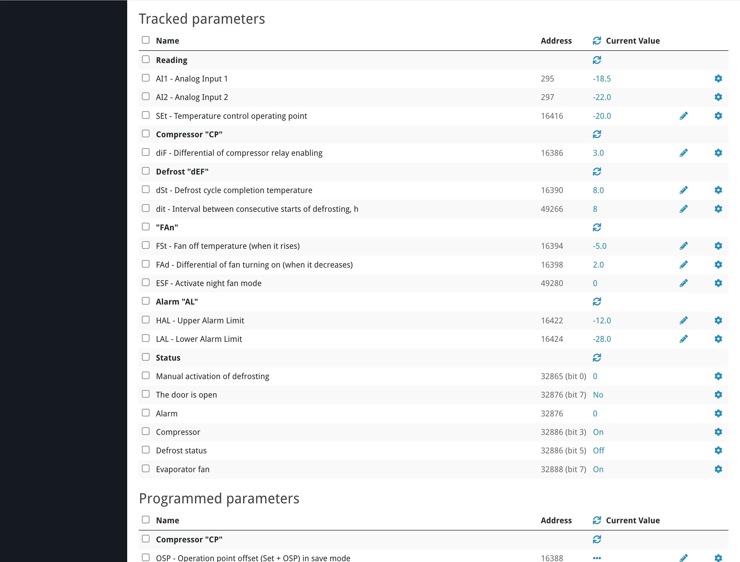Device page — parameter sections grouped by behavior flags and category