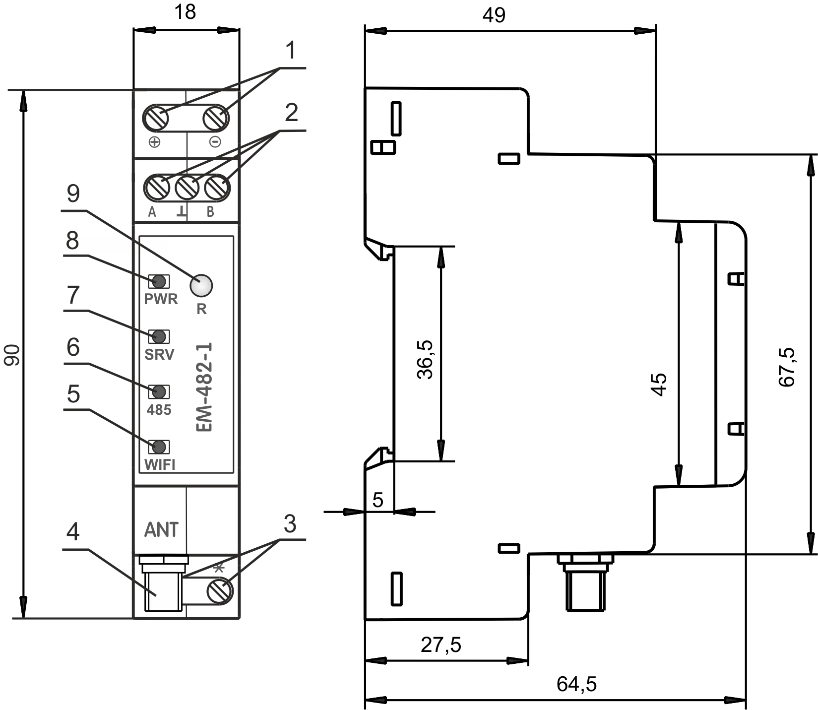 EM-482 overall and mounting dimensions