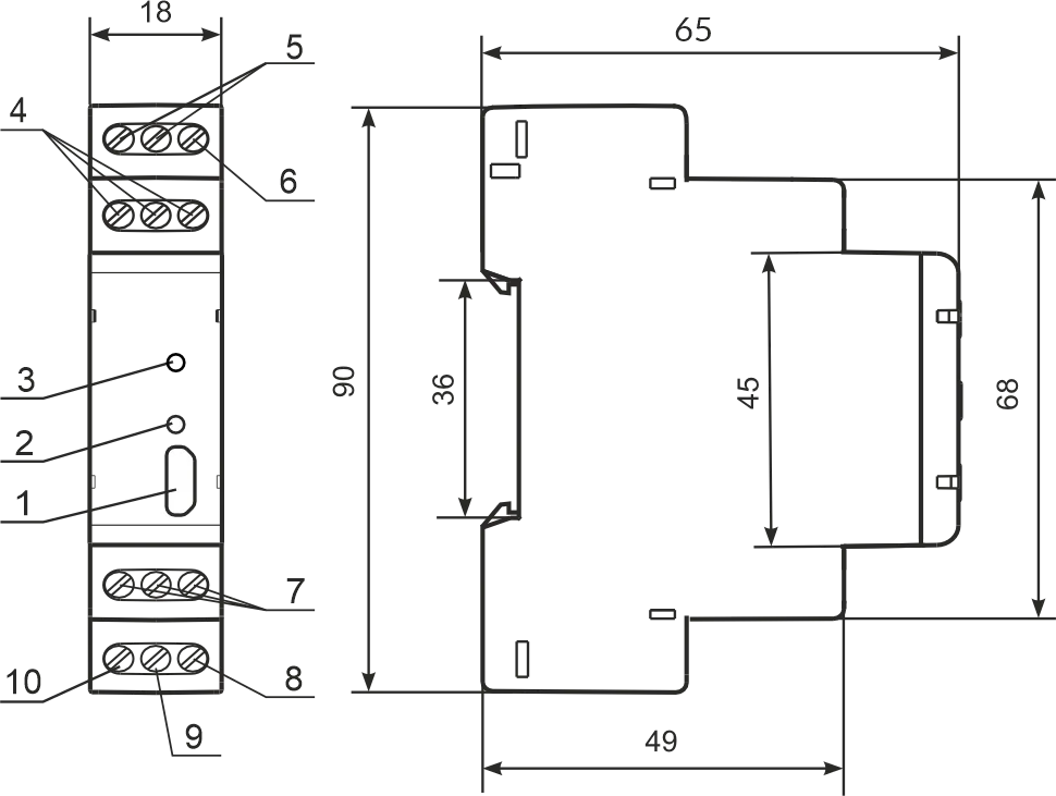 OB-216 front panel and overall dimensions