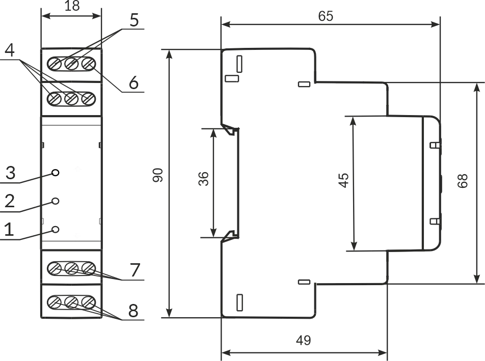OB-215 front panel and overall dimensions