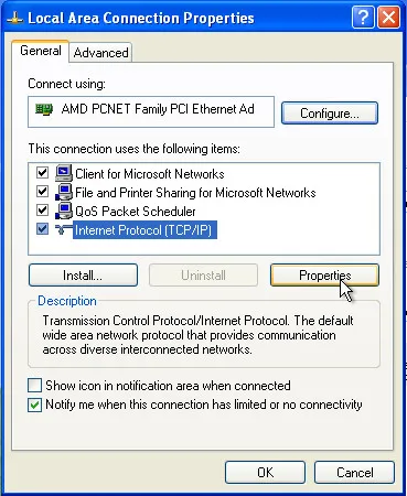 Example of connection properties screen in Windows