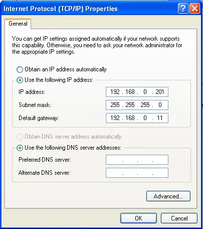 Example of protocol TCP/IPv4 properties screen in Windows