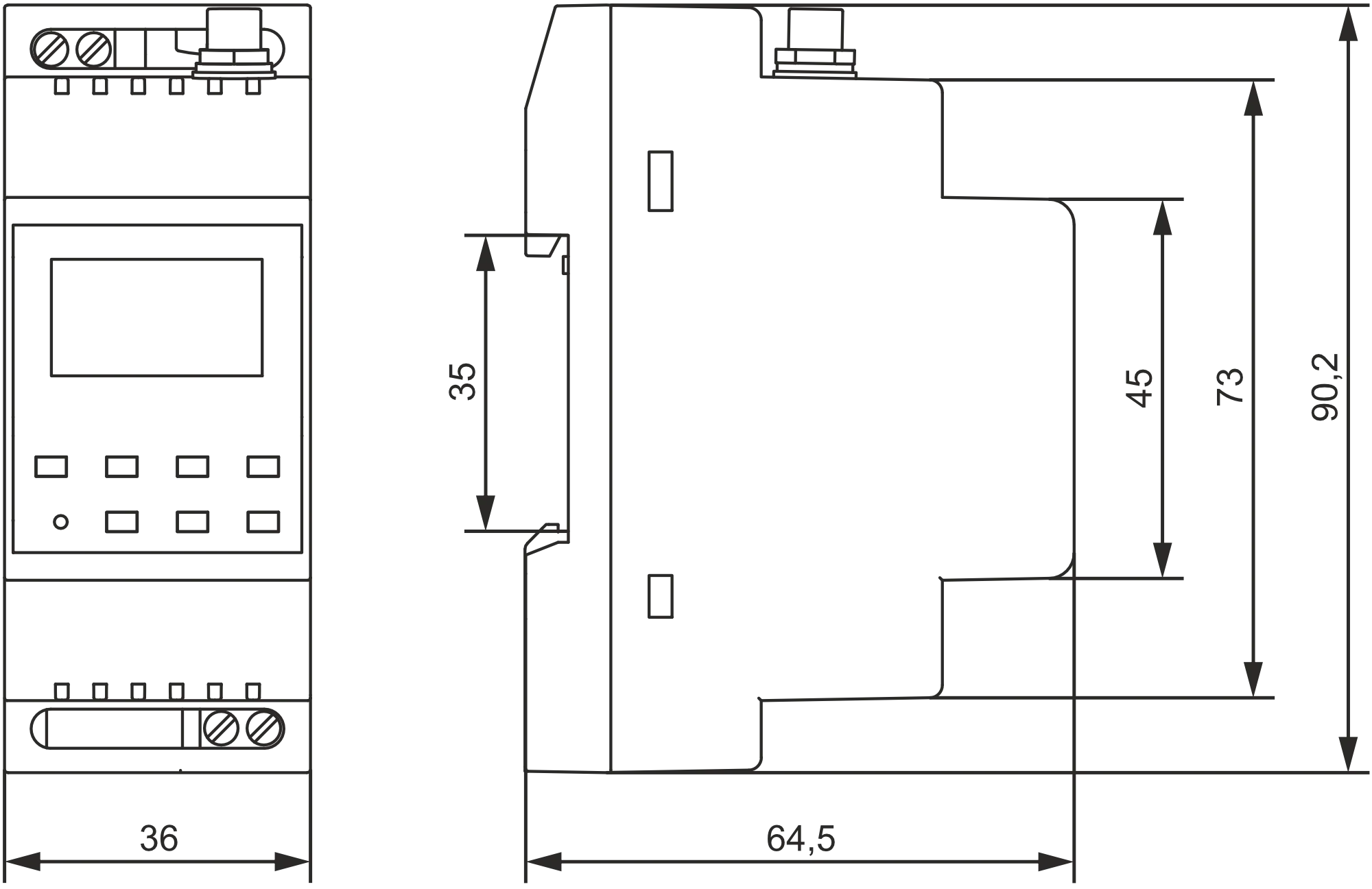 Technical drawing showing MC251 overall dimensions (64.5mm height, 90.2mm width, 36mm depth) and DIN-rail mounting specifications