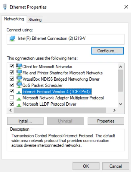 Connection properties window in Windows